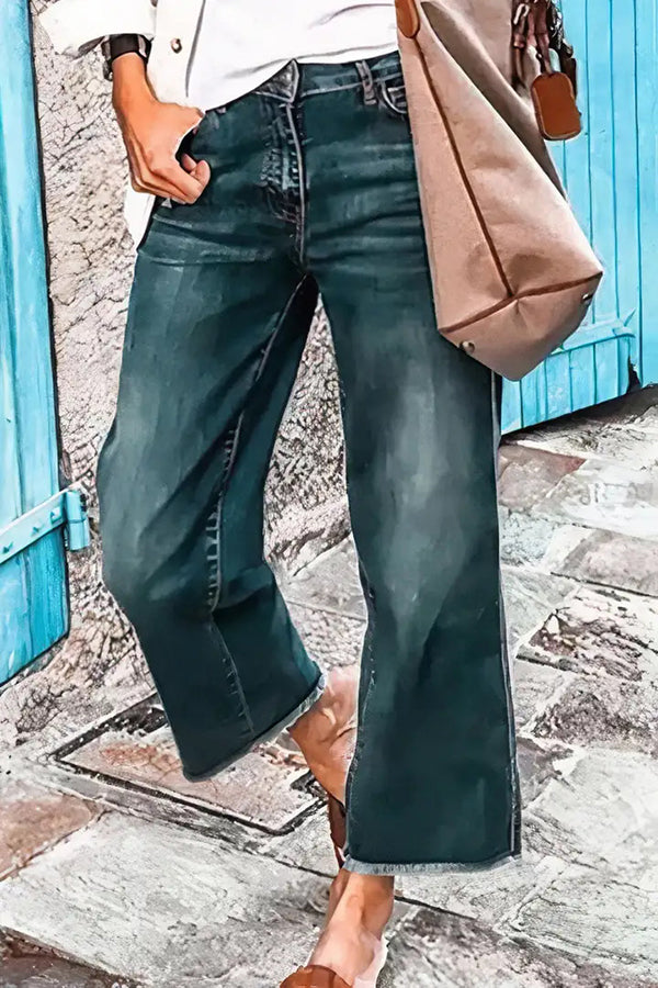 Stylish Raw Edge Mid Rise Pocket Stretch Straight Leg Jeans for Women | Comfortable & Trendy Denim Pants for Casual Wear, Work & Everyday Outfits