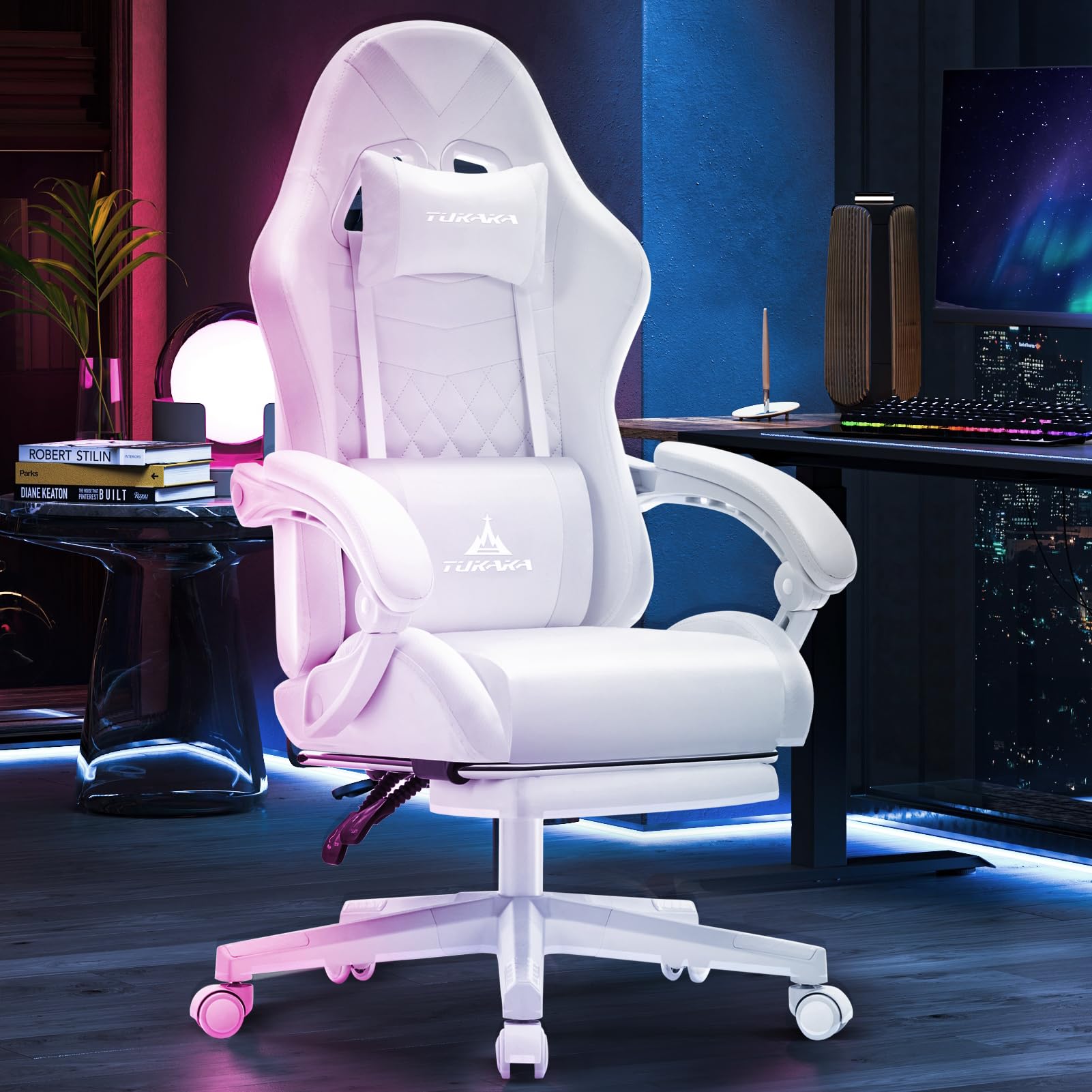 Ergonomic White Gaming Chair with Massage & Footrest - Reclining Leather Office Desk Chair with Pocket Spring Cushion, Adjustable Headrest & Lumbar Support - Perfect for PC Gamers, Home Office & Streaming Setup