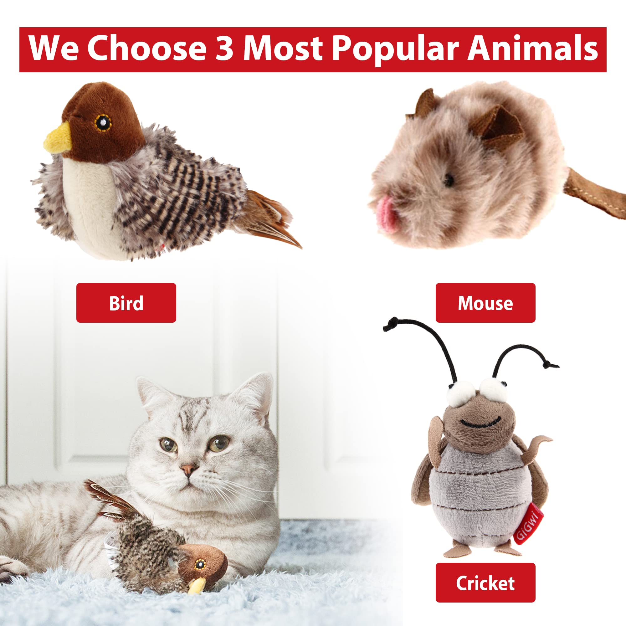 Gigwi Automatic Cat Toys Pack - 3 Pcs Interactive Electronic Cat Toys with Squeaky Bird/Cricket/Mouse Sounds, Plush Toys for Indoor Cats to Play Alone - Perfect for Boredom Relief & Exercise (Great for Playtime, Training & Keeping Cats Active)