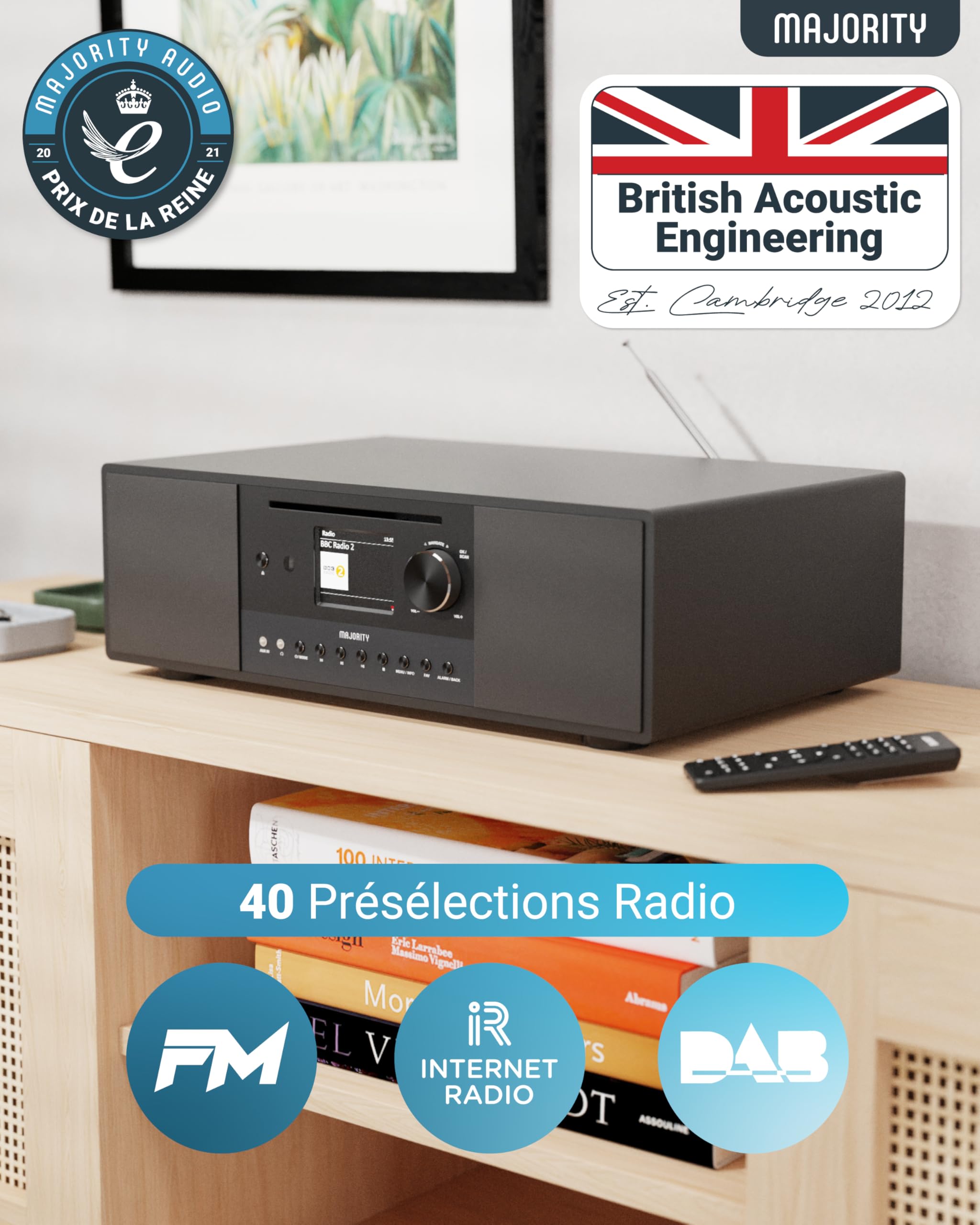 Majority Quadriga 2.1 Channel 120W Stereo System with Internet Radio, CD Player, FM/DAB+ Tuner & Powerful Subwoofer | Bluetooth Enabled | Spotify Connect & Podcasts | Perfect for Home Entertainment & Party Music (Black)