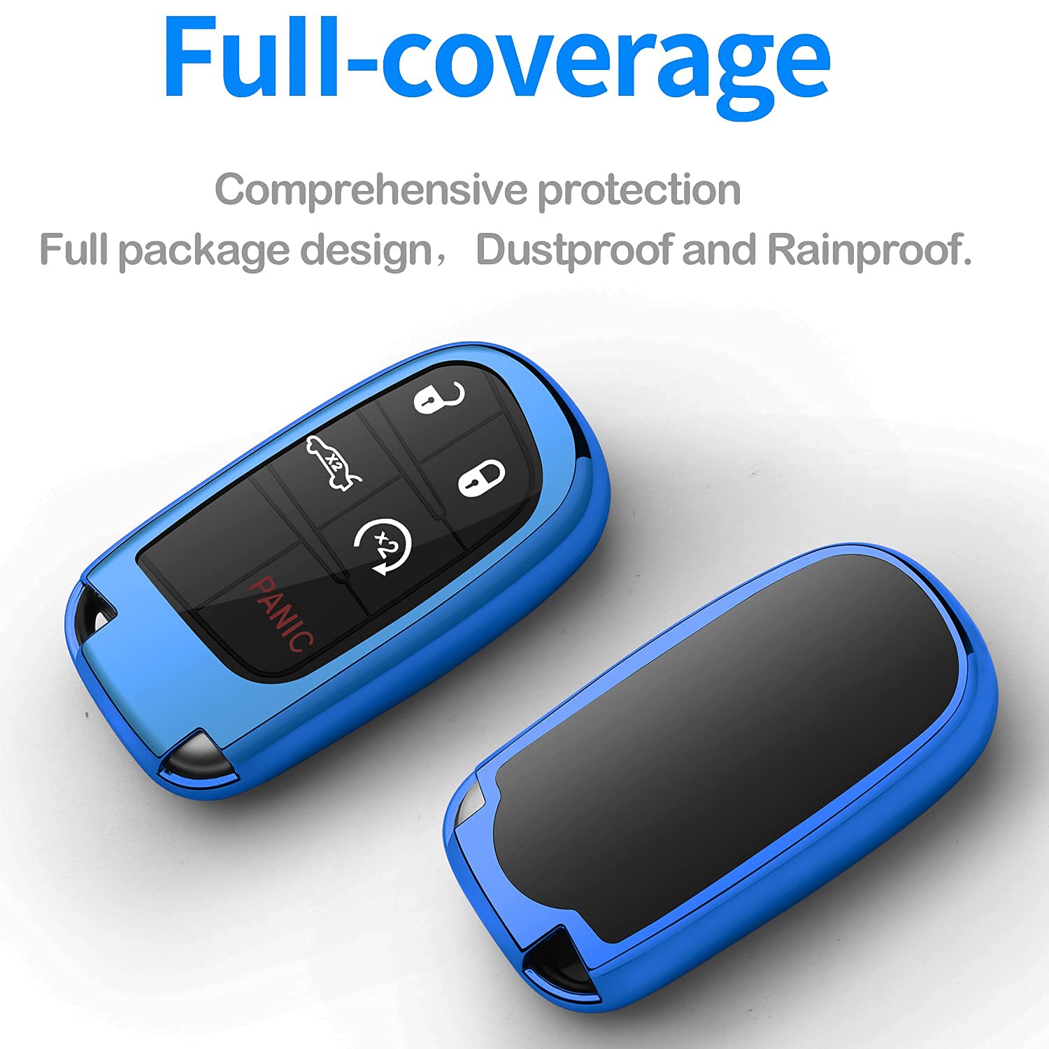 Premium Soft Full Protection Key Fob Cover for Jeep & Dodge - Compatible with Jeep Grand Cherokee, Wrangler, Compass, Cherokee, Renegade, Patriot, Grand Commander (Blue) - Durable Key Case Shell for Everyday Protection & Style