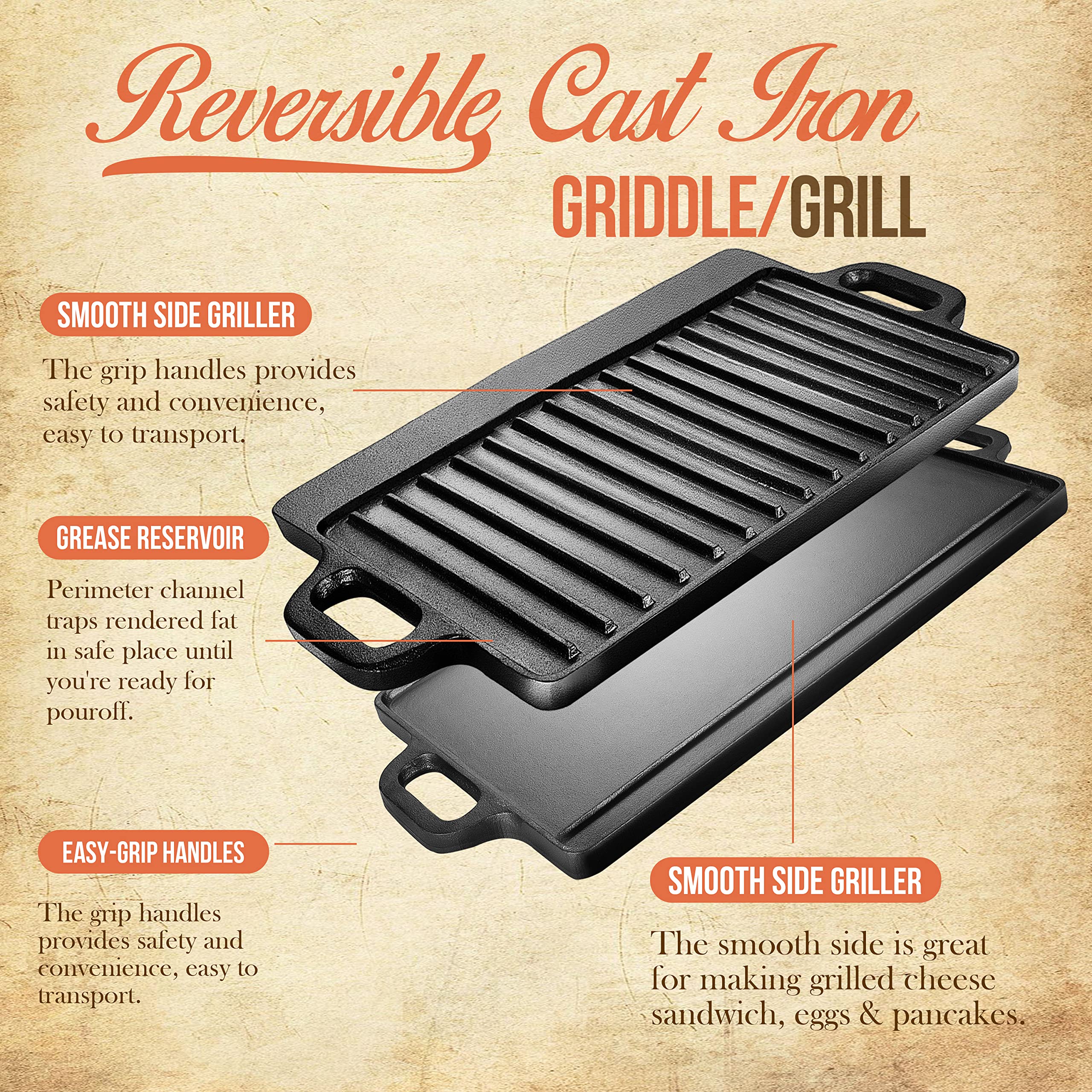 13 Inch Reversible Pre-Seasoned Cast Iron Griddle Plate - Double Sided Grill Pan for Gas Stove, Oven & Campfire - Perfect for Pancakes, Steaks & Outdoor Cooking