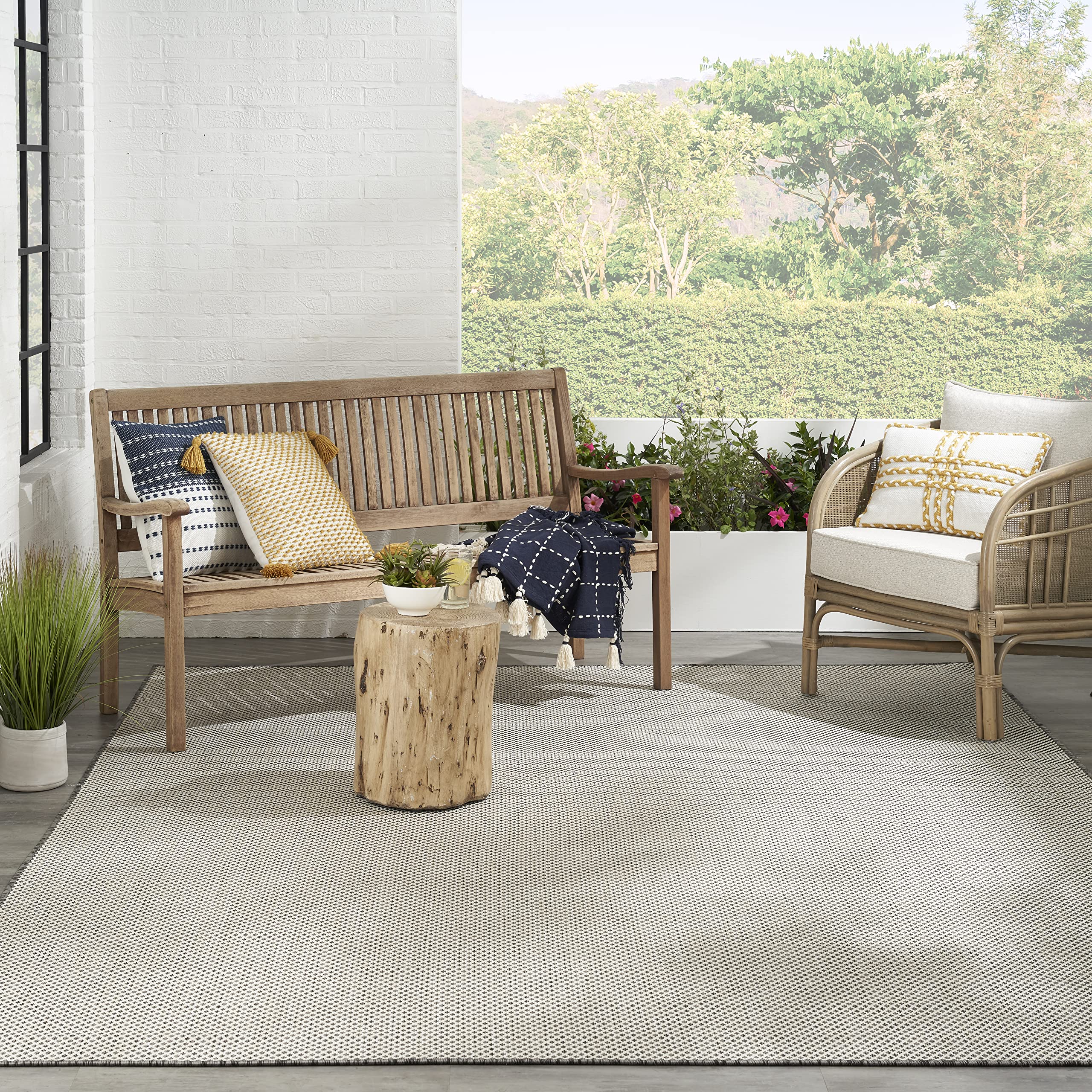 Nourison Courtyard 7' x 10' Indoor/Outdoor Area Rug - Ivory & Charcoal Geometric Design, Non-Shedding & Easy Clean - Perfect for Bedroom, Living Room, Dining Room, Deck, Patio & Backyard (7x10)