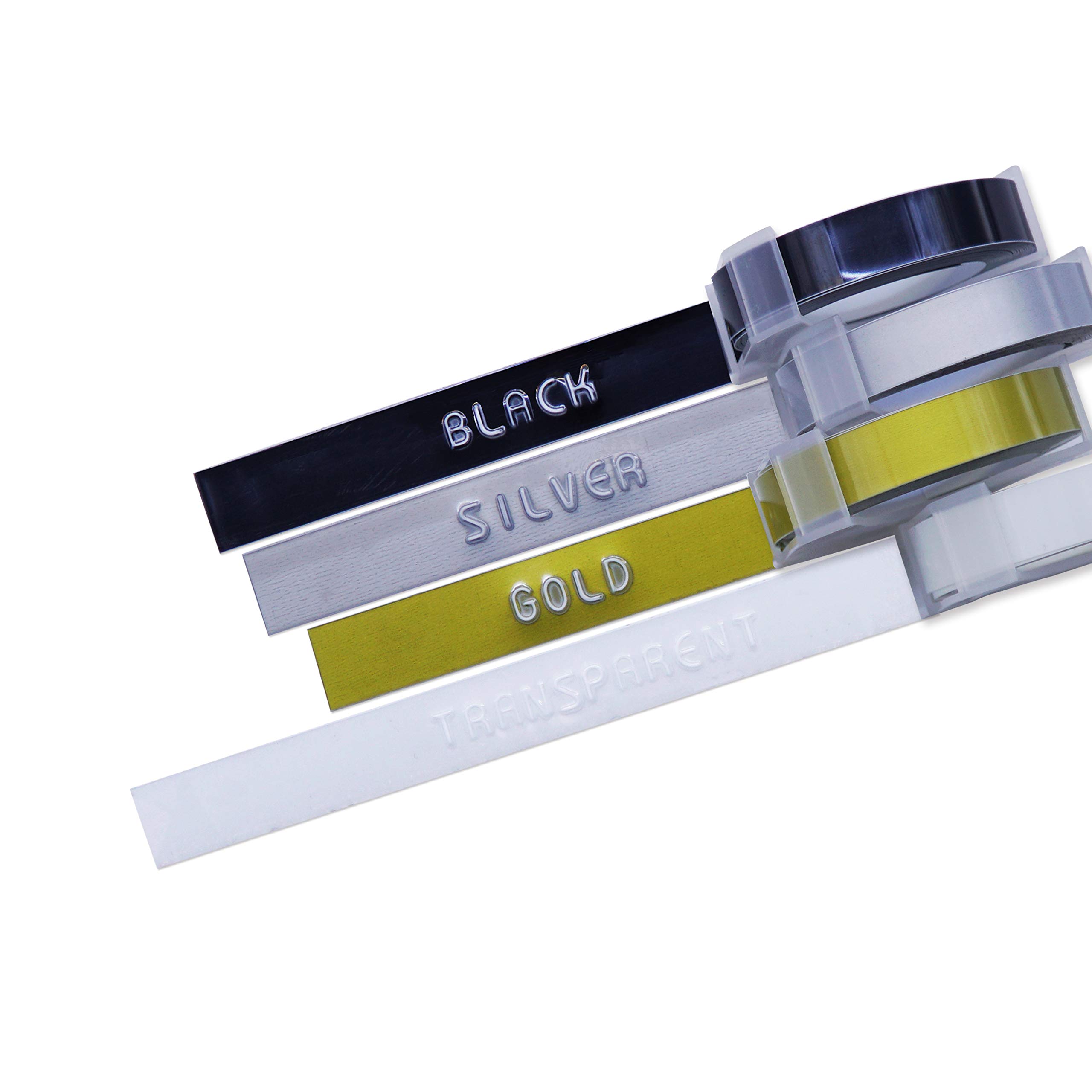Motex Embossing Label Maker Refill Tape - 4 Color Pack (Black, Clear, Gold, Silver) 3/8-Inch Width - Perfect for Office Organization, Crafting, and DIY Projects