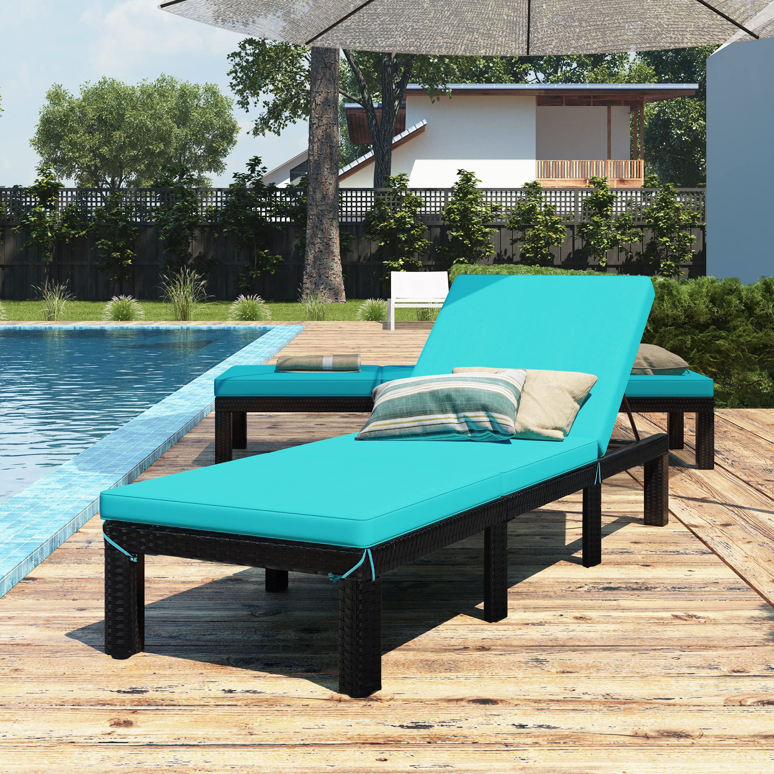 LZ LEISURE ZONE Outdoor Chaise Lounge Chair - Adjustable PE Rattan Wicker Sunbed for Poolside, Porch, Garden & Patio - Blue & Black Patio Furniture (1-Piece) - Perfect for Relaxing, Sunbathing & Outdoor Lounging
