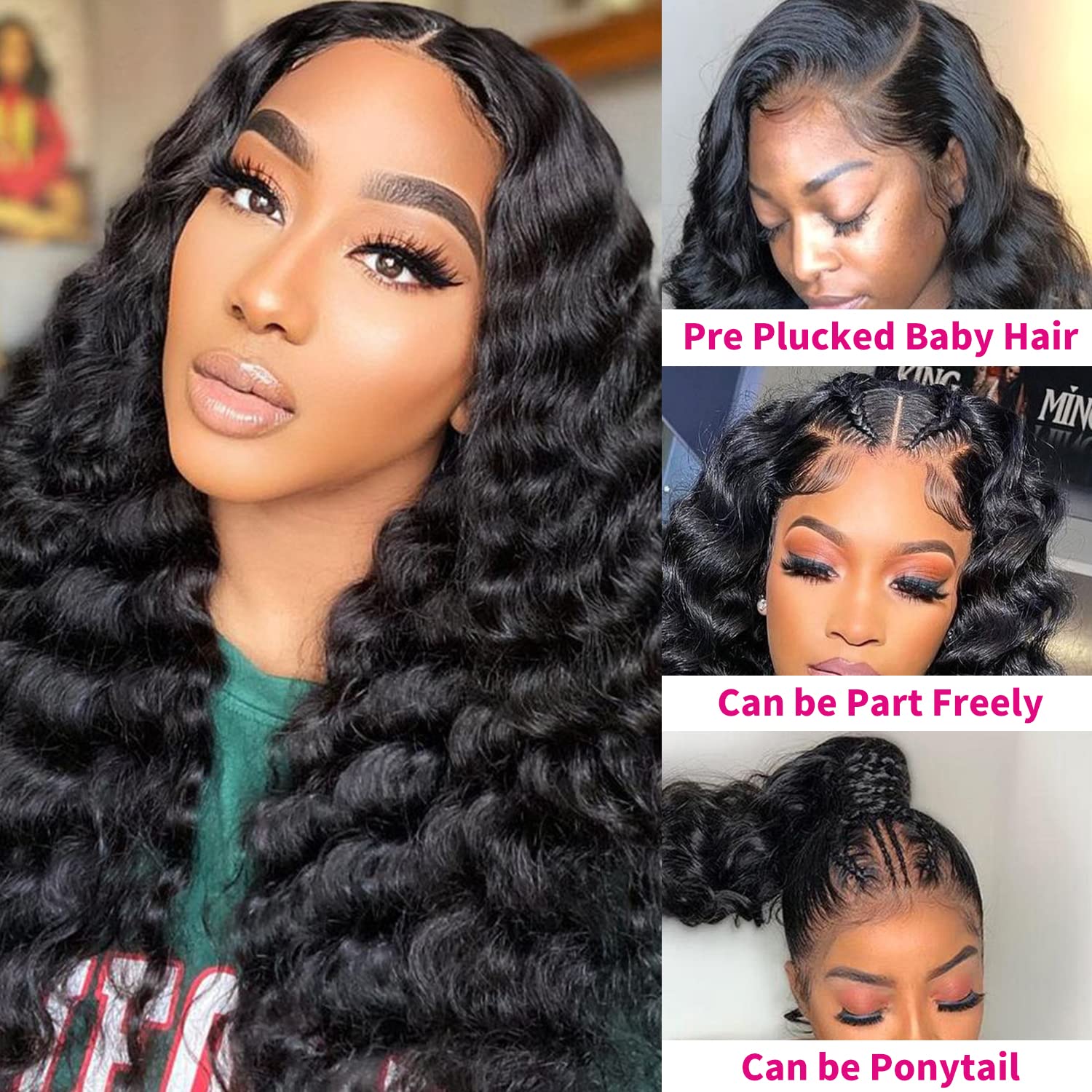 30 Inch 13x4 HD Lace Front Wig Human Hair - Deep Wave Loose Wig with Transparent Lace & Baby Hair - 150% Density Glueless Lace Frontal Wig for Daily Wear, Parties & Special Occasions