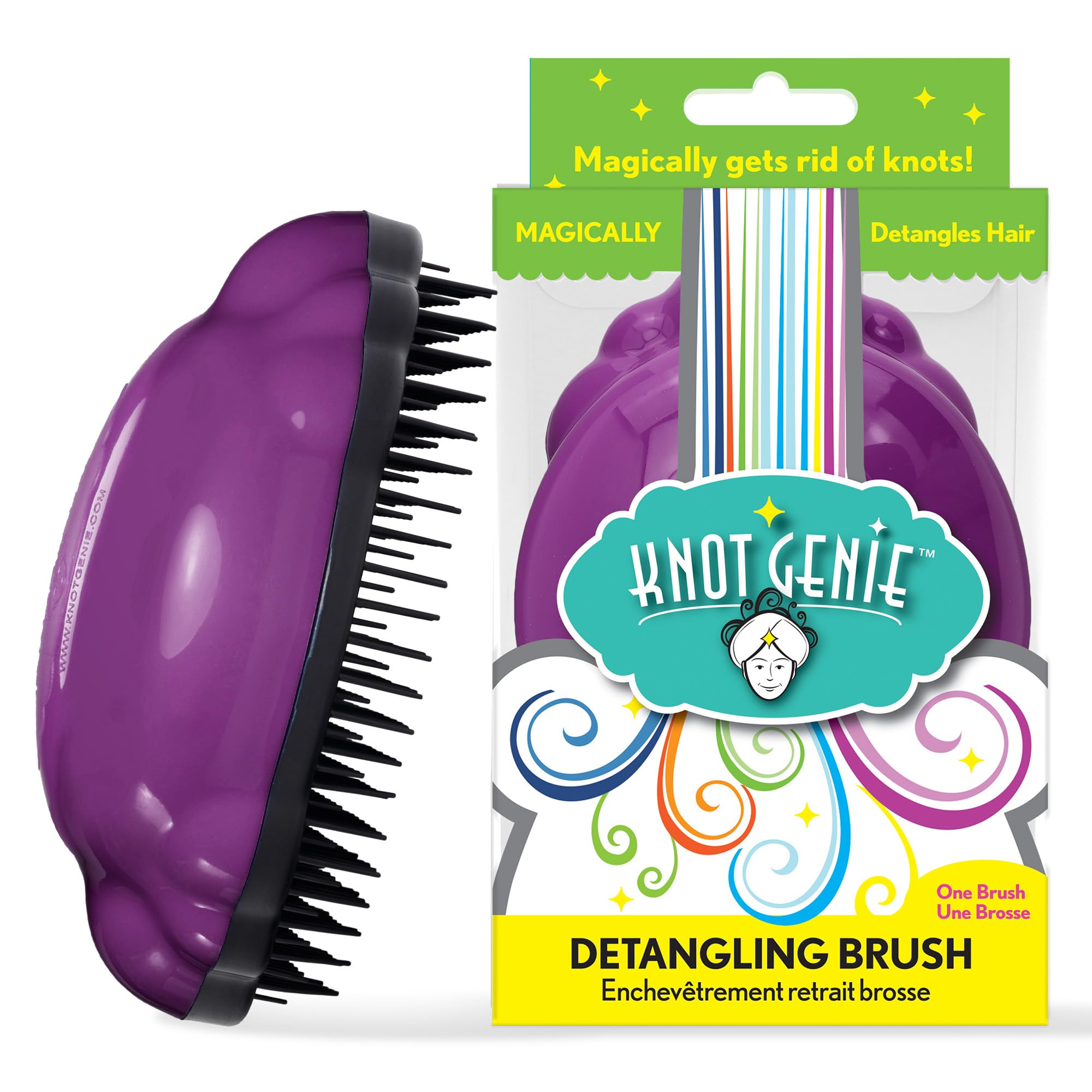 Knot Genie Detangling Hair Brush for Kids - Pain Free Knot Remover for Curly & Tangled Hair | Gentle Tangle Separator Leaves Hair Smooth & Shiny (Puff of Purple) | Perfect for Daily Hair Care, Travel & Sensitive Scalps