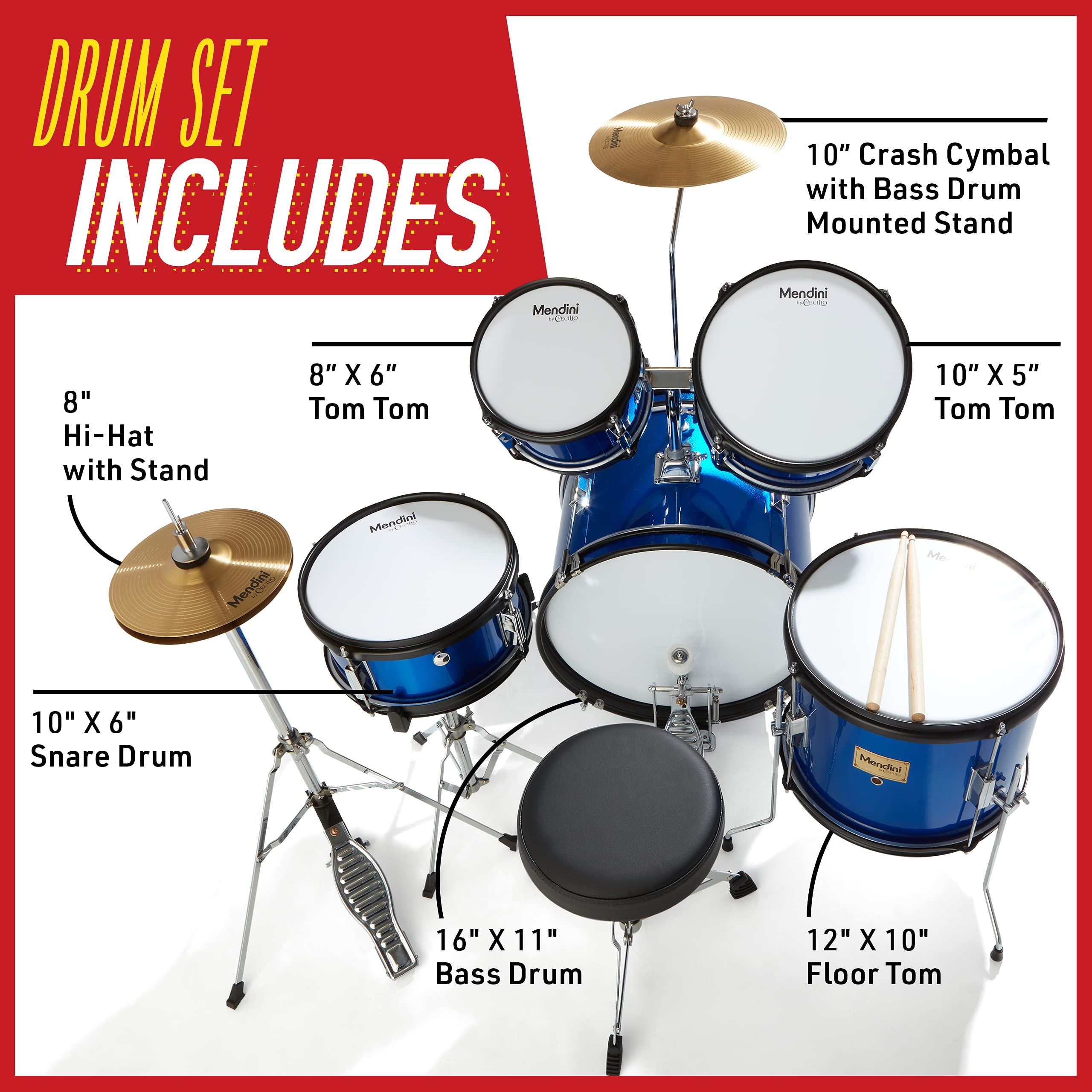 Mendini by Cecilio 5-Piece Kids Drum Set - 16