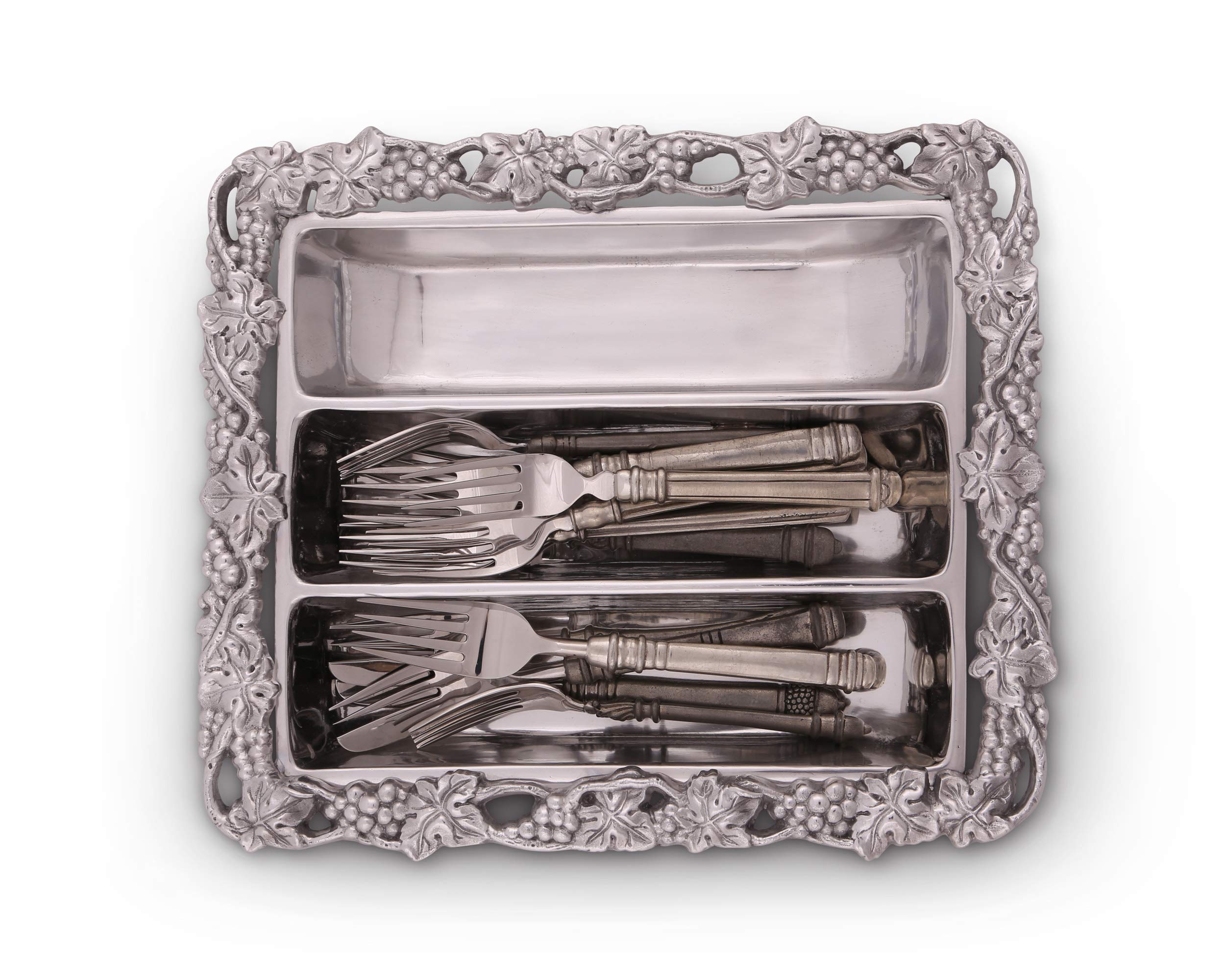 Arthur Court Designs 13x11 Inch Aluminum Metal Grape Silverware Holder - Elegant Flatware Caddy & Utensil Organizer for Dining Table, Kitchen Counter, and Party Serving