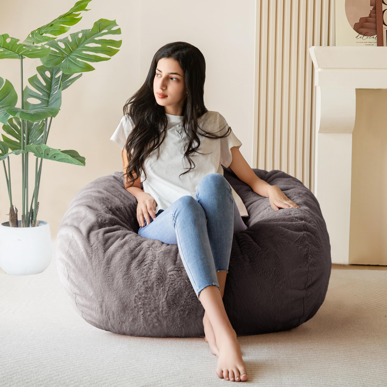 MAXYOYO 3ft Ultra Soft Fur Bean Bag Chair for Adults - Shaggy Dark Grey Lazy Sofa for Living Room, Bedroom & Game Room | Cozy Seating for Relaxing, Reading & Movie Nights