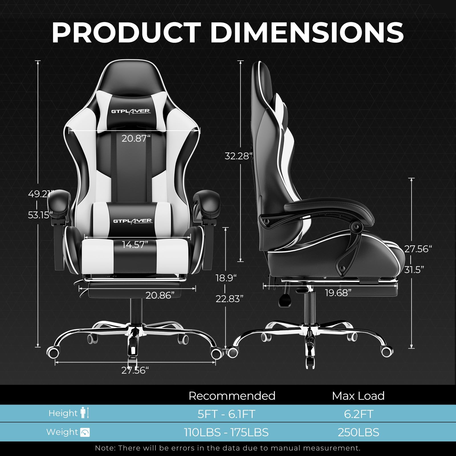 GTPLAYER Ergonomic Gaming Chair with Adjustable Lumbar Support & Footrest - 360° Swivel Office Computer Chair with Headrest for PC Gaming & Home Workspace (White) - Perfect for Esports, Streaming & Remote Work