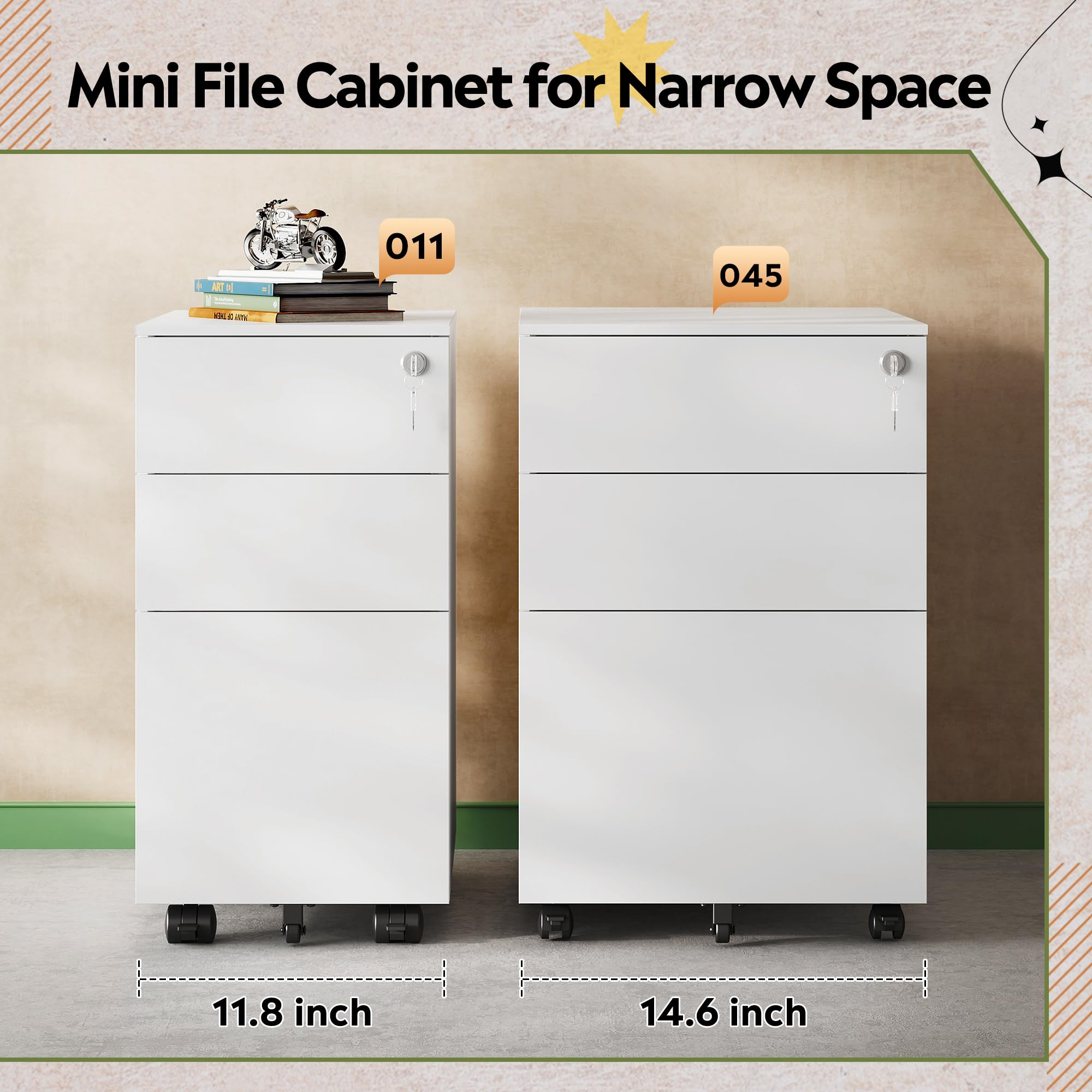 DEVAISE White 3-Drawer File Cabinet - Slim Under Desk Storage Organizer for Home Office, Rolling File Cabinet with Lock (11.8 Inch) - Perfect for Small Spaces & Document Organization