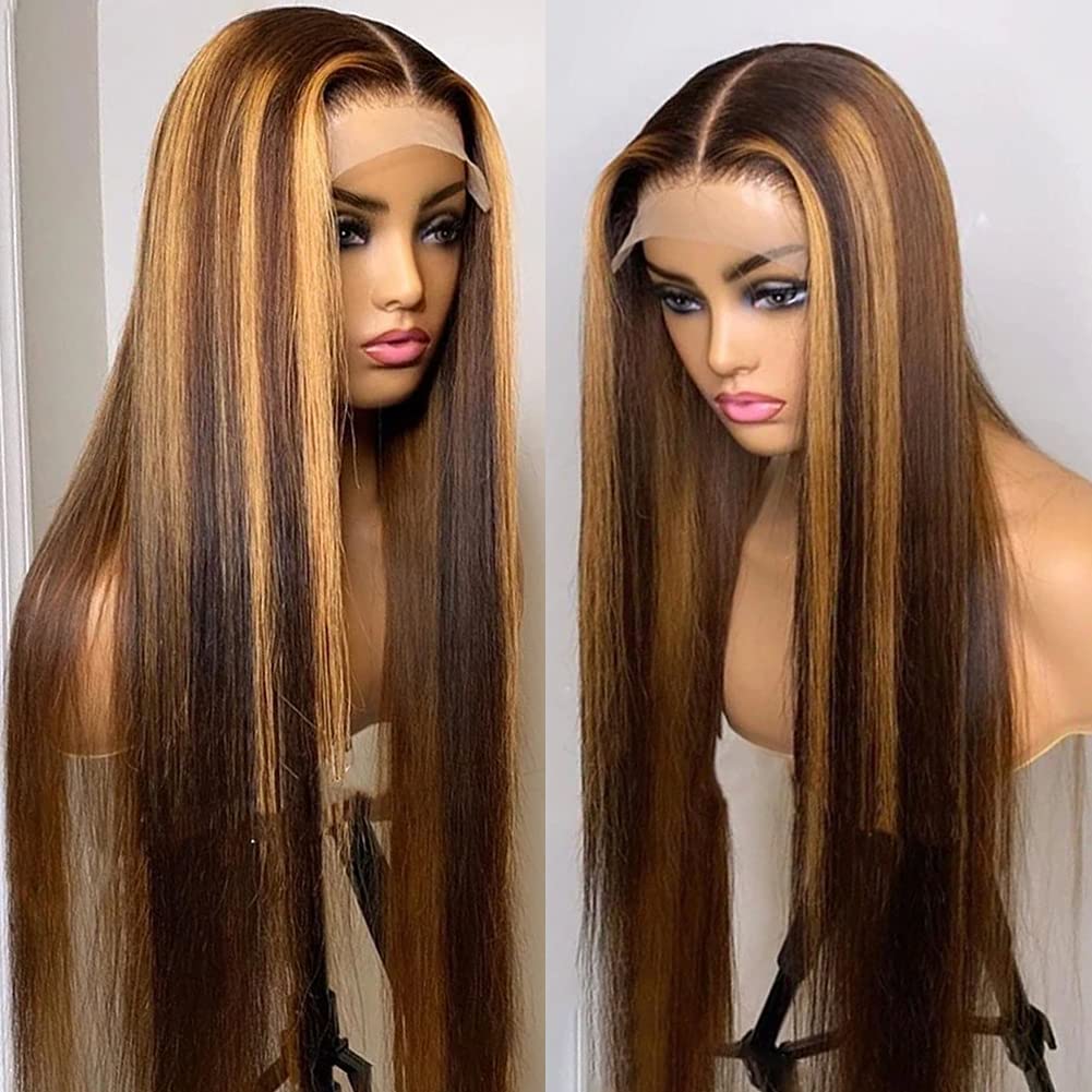 Subella HD Transparent Highlight Lace Front Wigs 18inch Brazilian Human Hair for Black Women - 180% Density 4/27 Straight Pre Plucked Hairline with Baby Hair - Perfect for Daily Wear, Parties & Special Occasions
