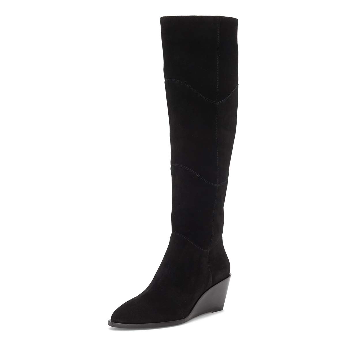 Trendy Women's Suede Knee High Boots with Stacked Wedge Heel & Side Zipper - Pointed Toe Winter Dress Boots for Office, Party & Night Out