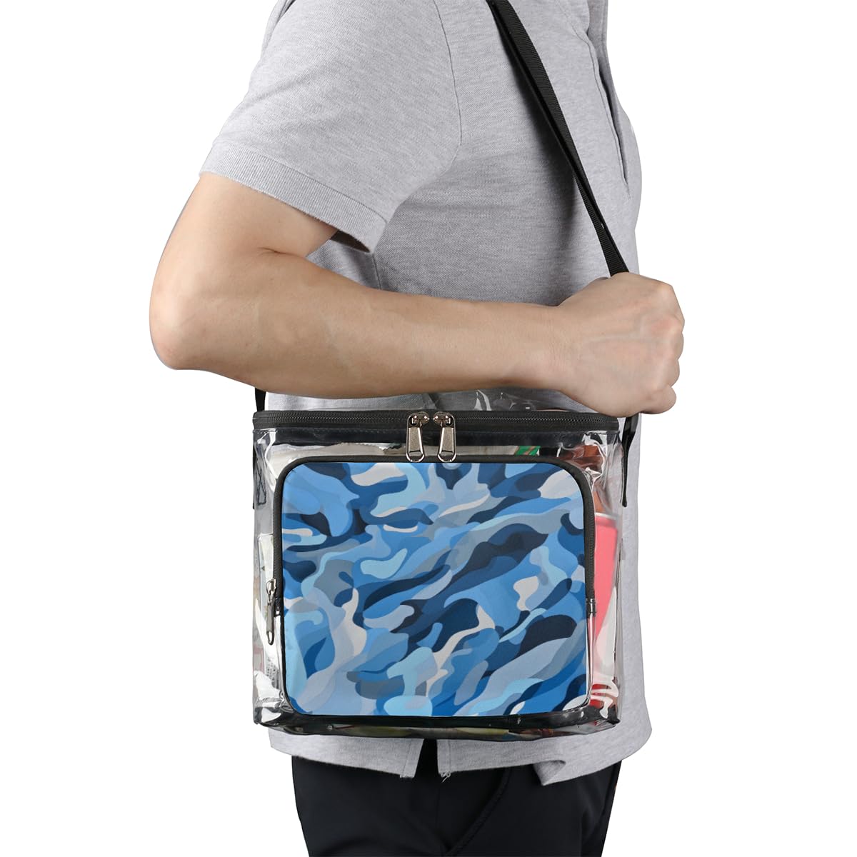 Blue Camouflage Clear Tote Bag with Handles - Transparent Crossbody Shoulder Bag for Lunch, Outdoor, Travel, Picnic, Concerts & Sports Events | Stadium Approved Abstract Camo Skin Design | Perfect for Beach Days, Music Festivals and Shopping Trips