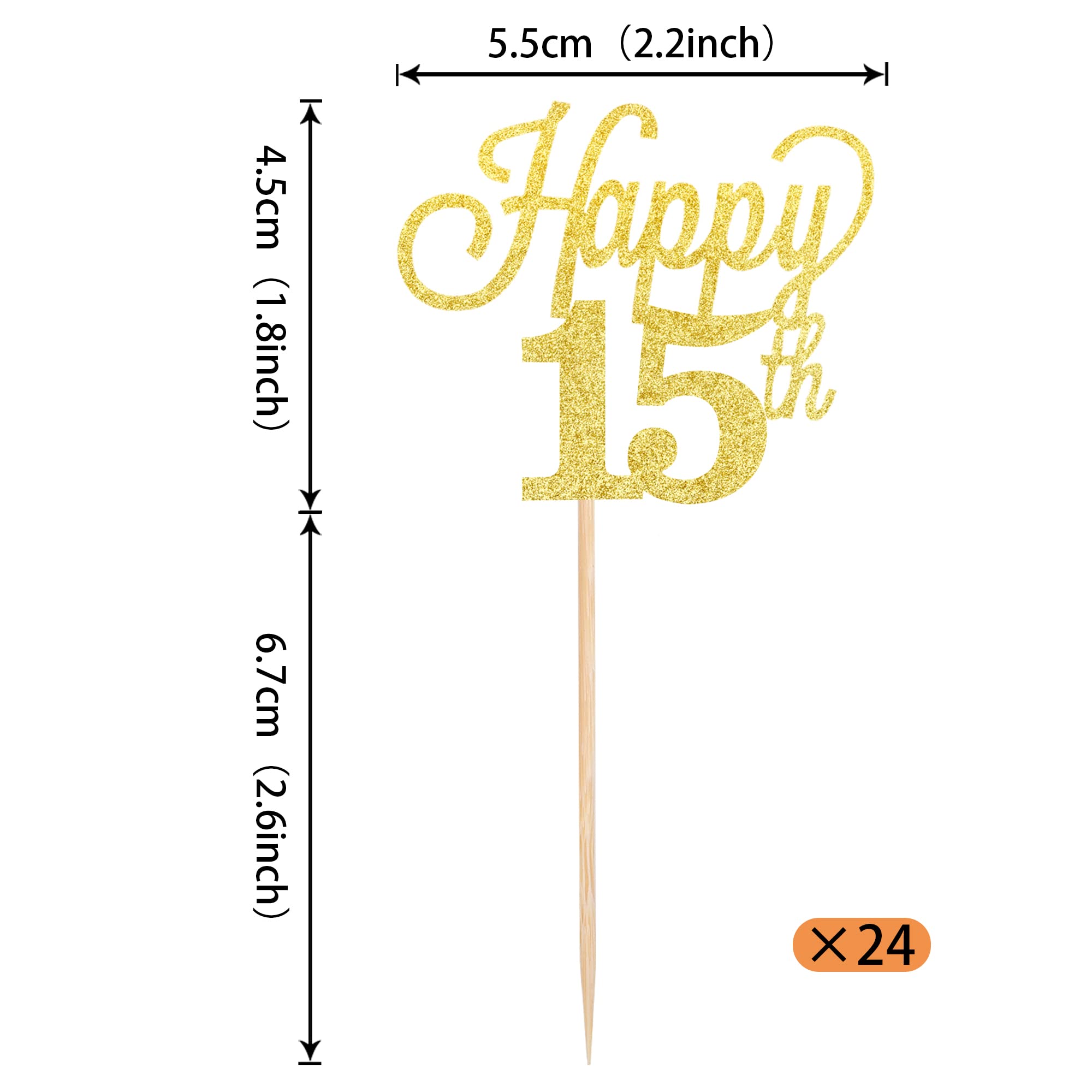 24 Pack Gold Glitter Number 15 Cupcake Toppers - Happy 15th Birthday Decorations, Fifteen Anniversary Party Supplies for Wedding, Sweet 16 & Quinceañera Celebrations