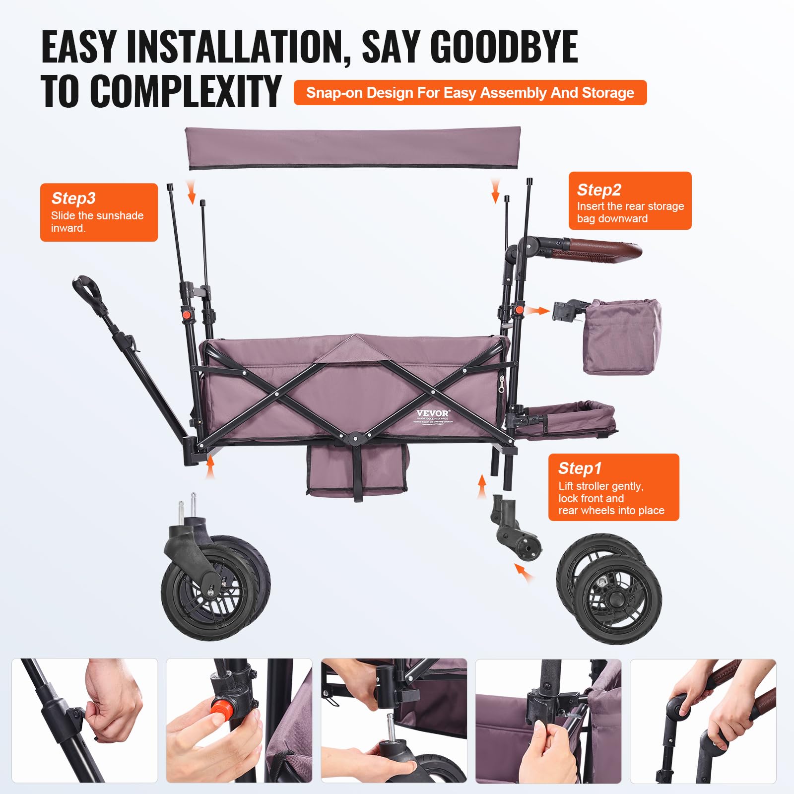 VEVOR Double Stroller for 2 Kids - Foldable 4-Wheel Wagon with Adjustable Handle, Safety Harness & Removable Canopy - Perfect for Camping, Beach Outings & Family Walks (Dark Purple)