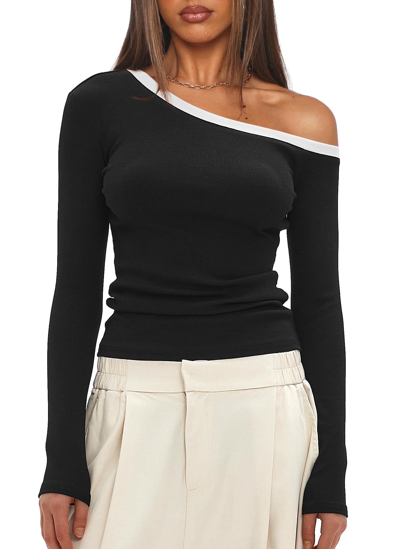 Darong Women's Off The Shoulder Long Sleeve Tight Fitted T-Shirt - Y2K Fashion Top for Party, Club, Date Night & Casual Outfits