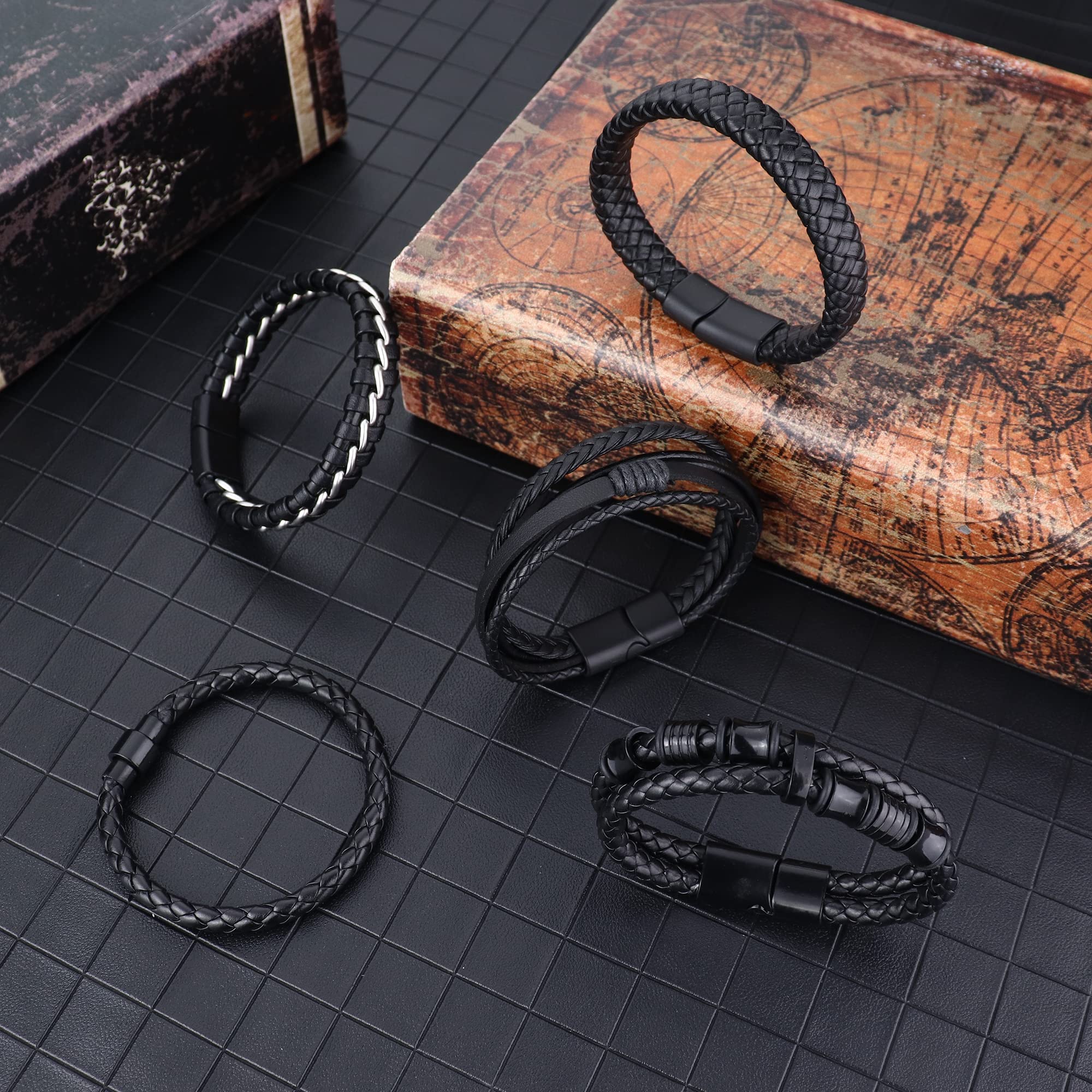 SAILIMUE 5-Pack Black Leather Bracelets for Men & Women - Adjustable Braided Leather Wristbands (7.5-8.5 Inch) - Stylish Cuff Bracelet Set for Casual Wear, Gifts & Fashion Accessories