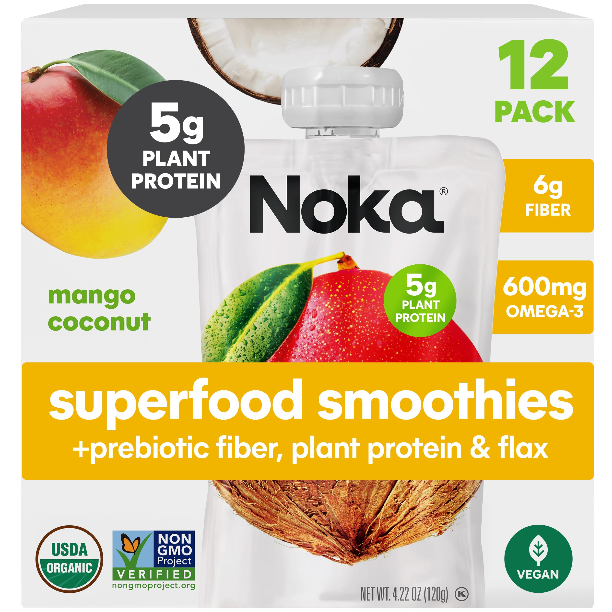 Organic Noka Superfood Fruit Smoothie Pouches - Mango Coconut Flavor, Vegan & Gluten Free Snacks with Flax Seed, Plant Protein & Prebiotic Fiber, Healthy On-the-Go Snack (4.22 oz, 12 Count) - Perfect for Lunchboxes, Workouts & Outdoor Activities