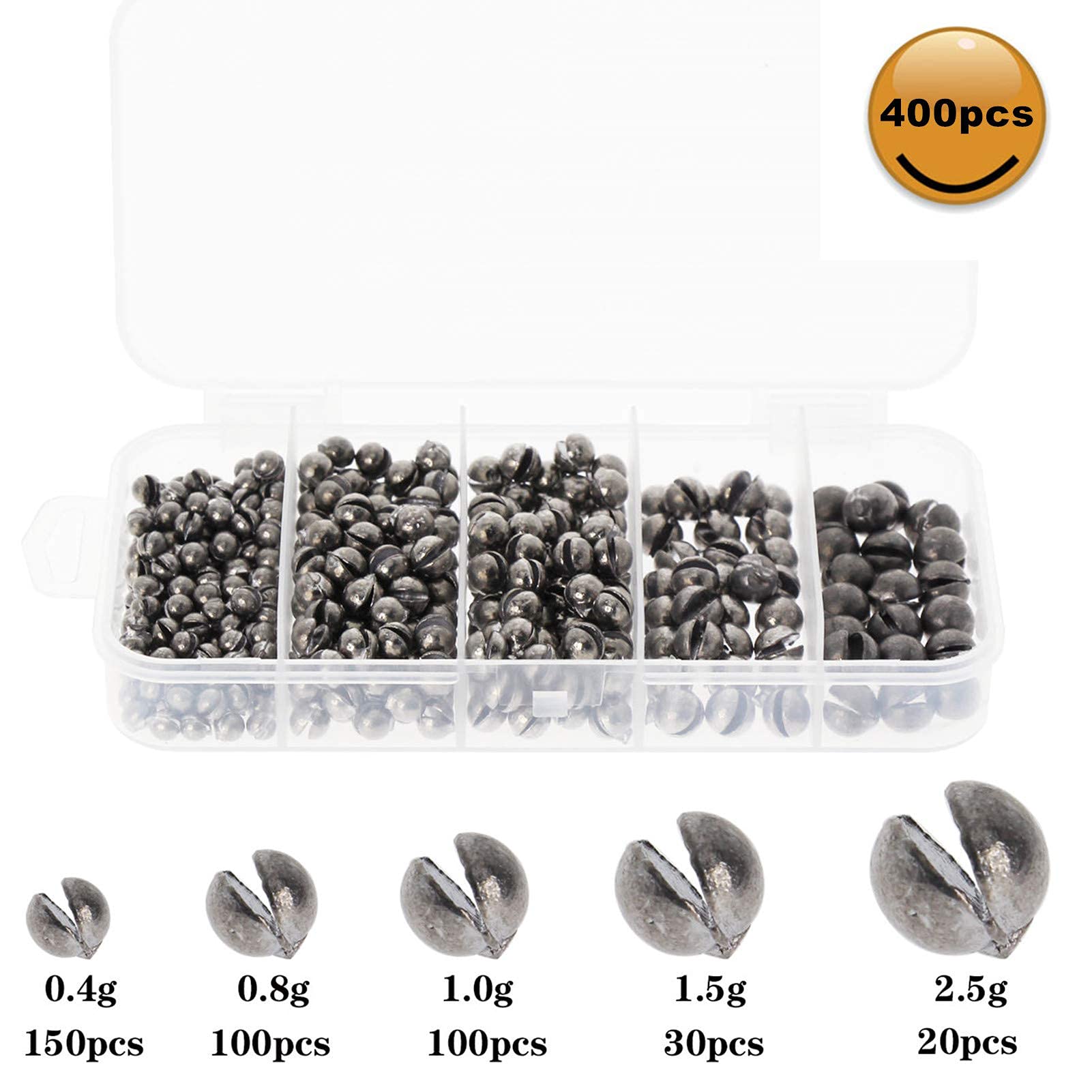 400pcs Removable Split Shot Fishing Sinkers Kit - 5 Sizes (0.014-0.088 oz) for Croch, Bass & Freshwater Fishing | Lead-Free Weights for Perfect Casting & Bait Control
