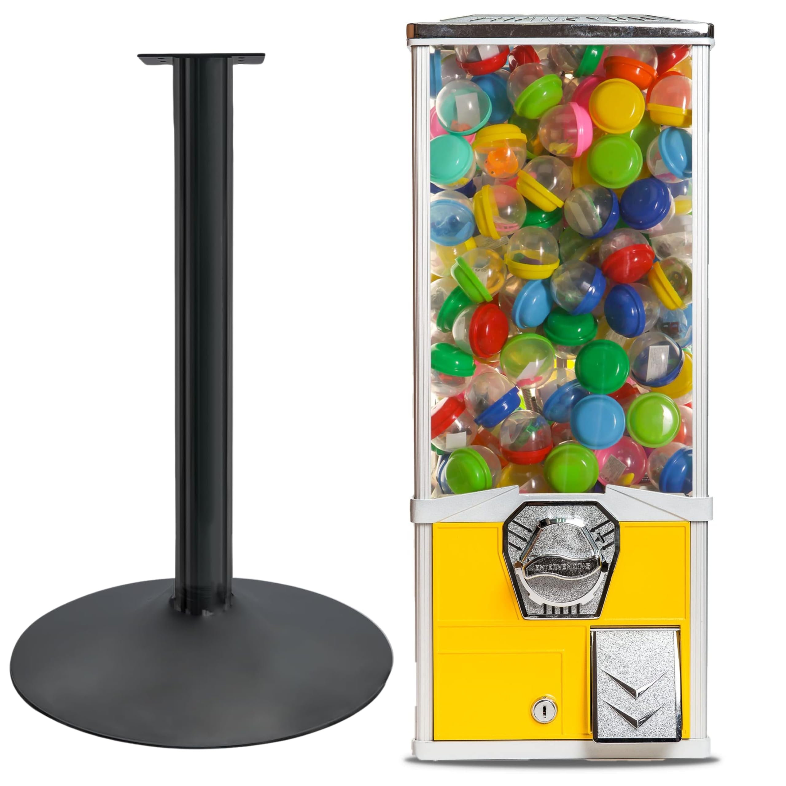 Commercial Big Capsule Vending Machine with Stand - 2 Inch Round Capsule Prize Dispenser for Gumballs, Bouncy Balls & Toys - Yellow Arcade Vending Machine for Malls, Arcades, Restaurants & Retail Stores