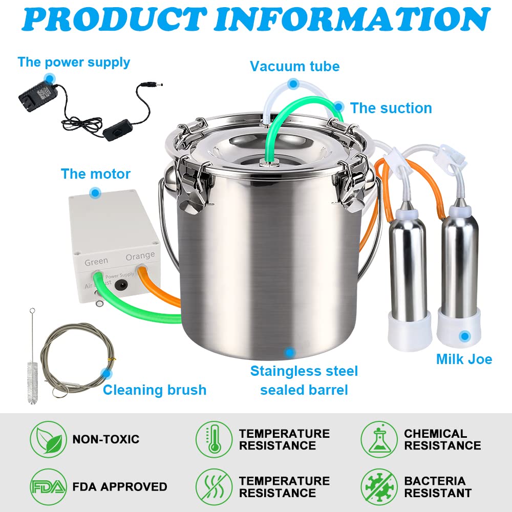 Electric Milking Machine for Goats & Cows - 3L/7L/14L Portable Pulsation Vacuum Pump Milker with Stainless Steel Bucket - Livestock Dairy Equipment for Small Farms & Homesteads (Cow 3L) - Perfect for Efficient & Hygienic Milking at Home or Barn