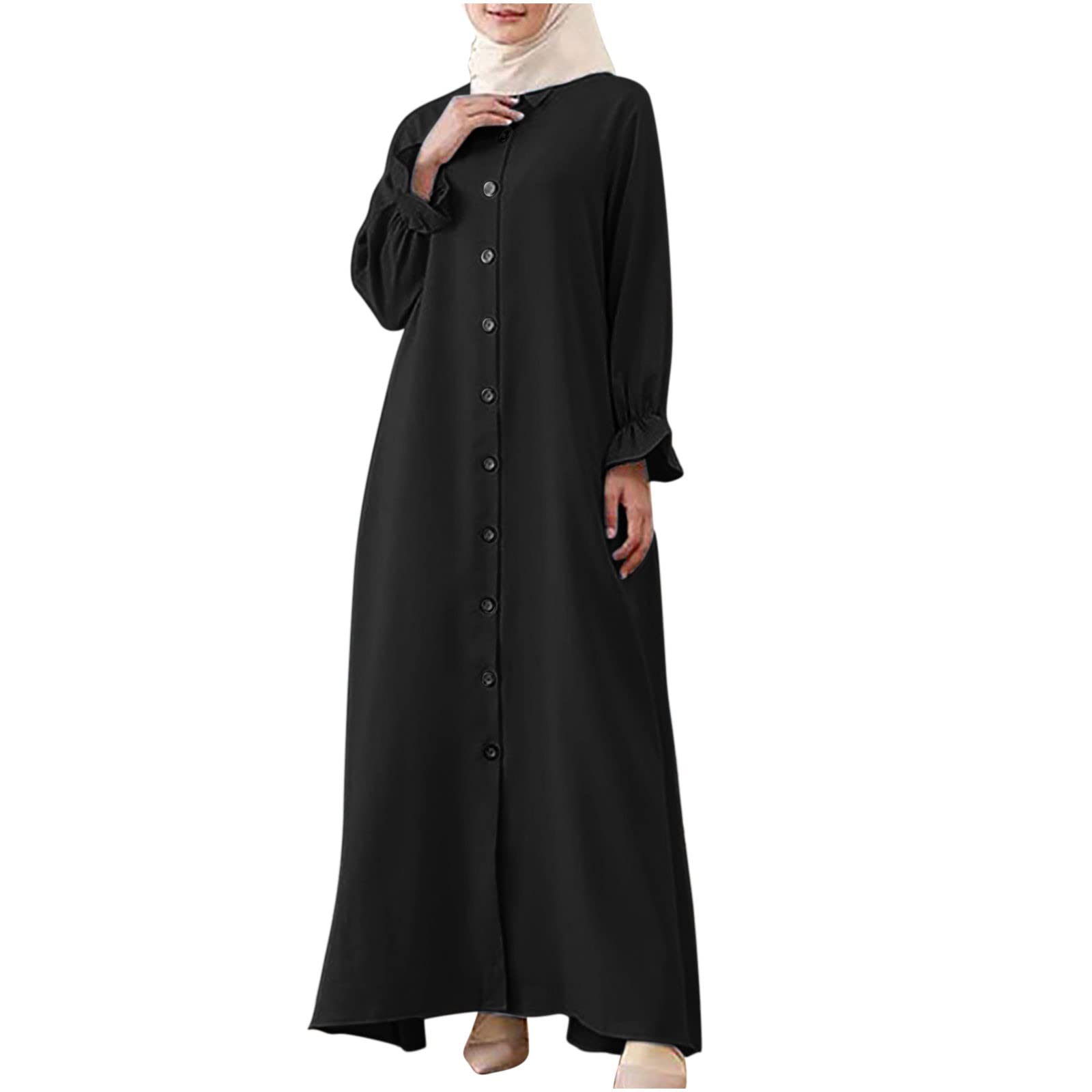Women's Long Sleeve Button Down Lapel Maxi Dress - Solid Color Loose Fit Cotton Linen Ankle-Length Shirt Dress for Casual Wear, Office & Summer Outfits