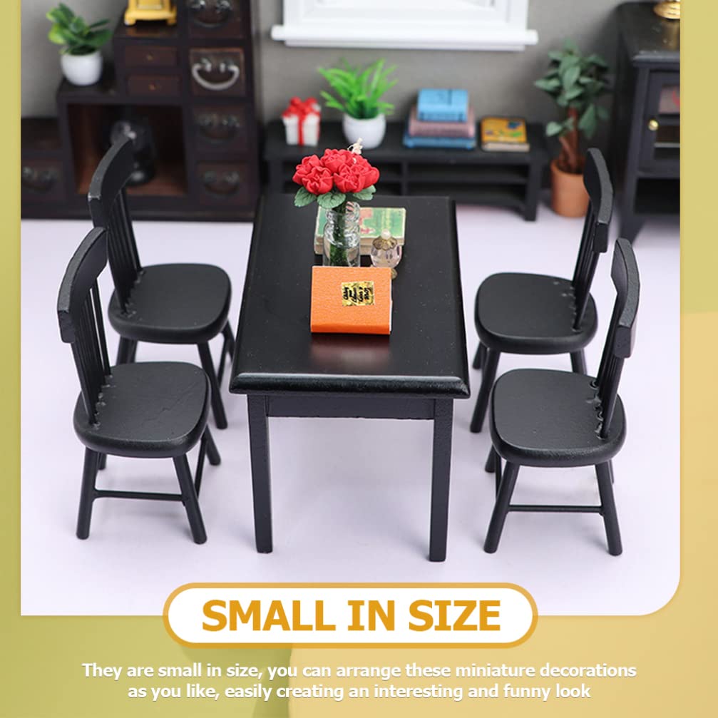 5-Piece Miniature Black Wooden Dining Table and Chairs Set - Dollhouse Furniture Accessories for 4 People | Perfect for Dollhouse Decor, Miniature Displays, and Collectible Scenes