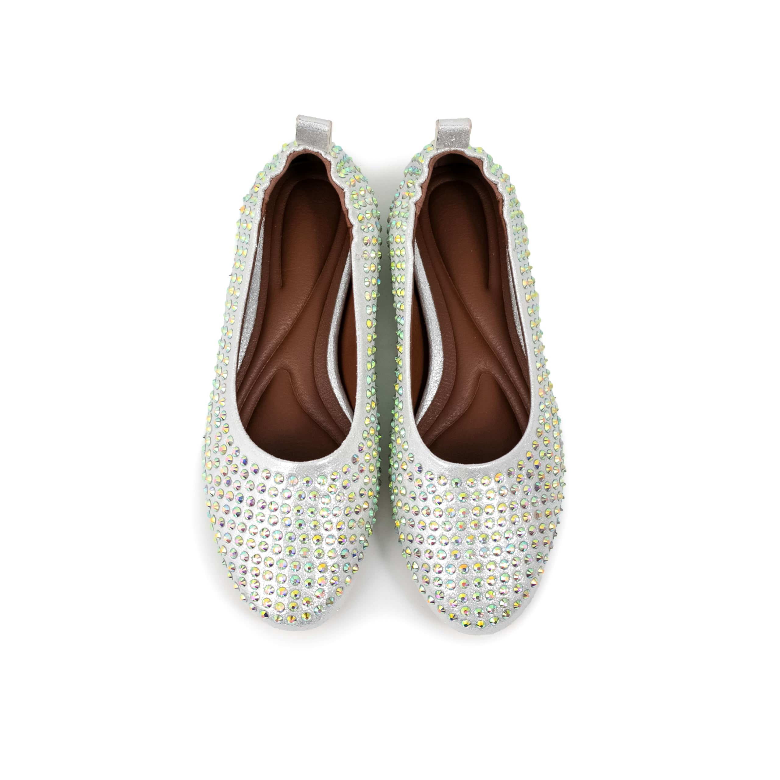 Sparkling Rhinestone Round Toe Ballet Flats for Women - Silver Comfortable Rubber Sole Casual Shoes | Perfect for Office, Parties & Everyday Wear