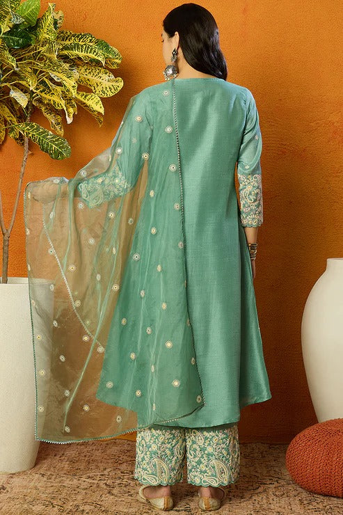 Elegant Sea Green Silk Blend Anarkali Suit Set for Women | Diwali & Festive Wear | Party, Wedding & Special Occasion Outfit