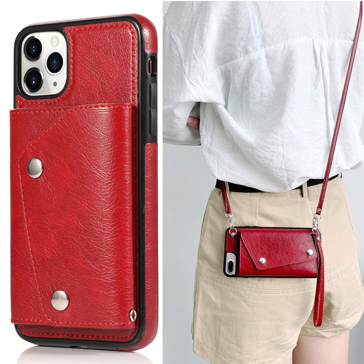 Premium PU Leather iPhone 11 Pro Max Wallet Case with Card Holder Slot - Crossbody Neck Strap & Wrist Strap Included - Protective Credit Card Holder Phone Cover (Red) - Perfect for Travel, Shopping & Everyday Use