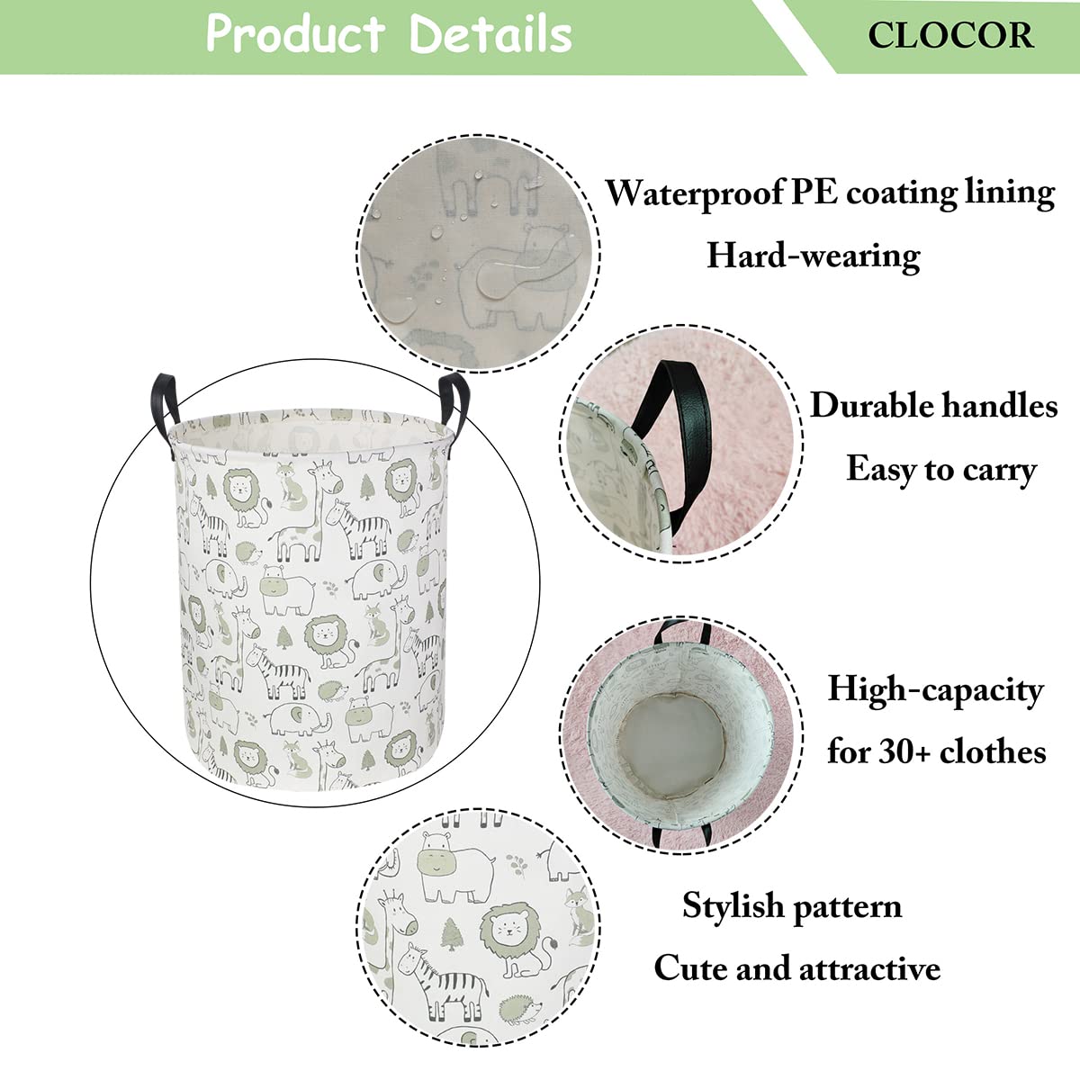 CLOCOR Collapsible Baby Laundry Basket - Kids Toy Storage Organizer & Nursery Hamper with Jungle Animal Design - Perfect for Baby Room Decor, Playroom Organization and Toddler Clothes Storage (Green)