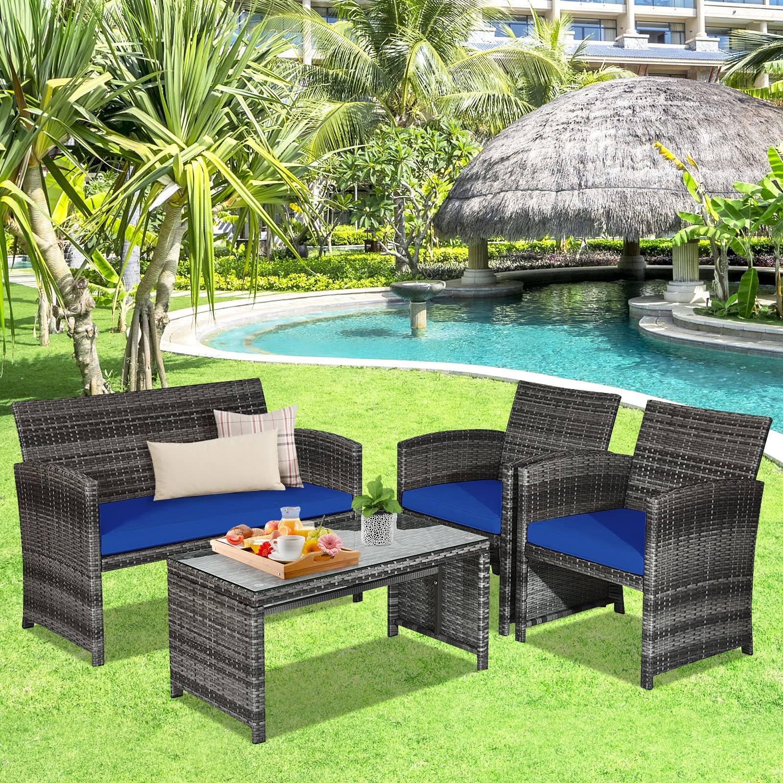 Goplus 4-Piece Outdoor Rattan Patio Furniture Set with Weather-Resistant Cushions & Tempered Glass Tabletop - Wicker Conversation Sofa for Backyard, Garden, Poolside & Lawn (Blue) | Perfect for Relaxing, Entertaining & Outdoor Dining