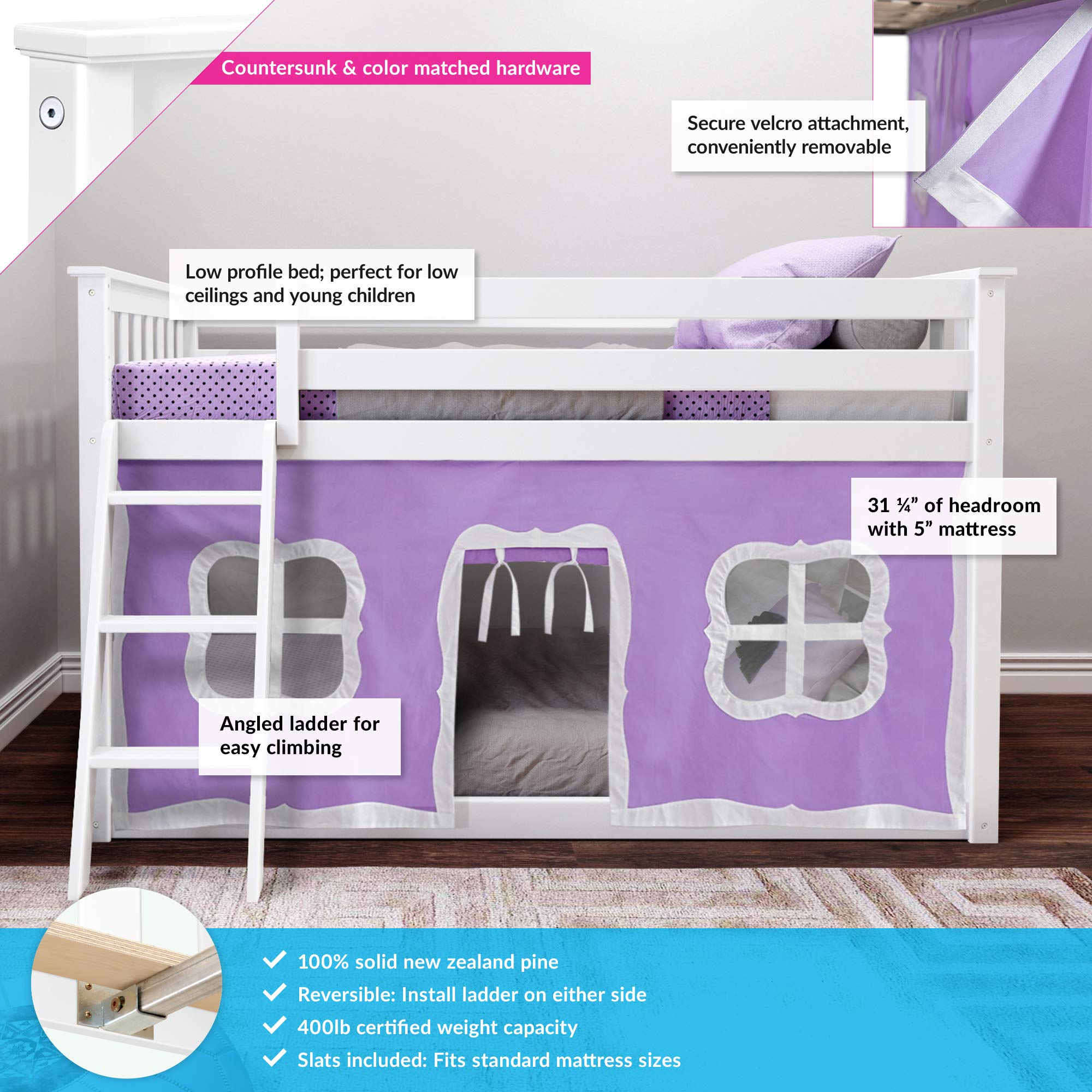 Max & Lily Low Bunk Bed with Curtains - Twin Over Twin Kids Bed Frame in White & Purple - Space-Saving Bedroom Solution for Siblings or Sleepovers