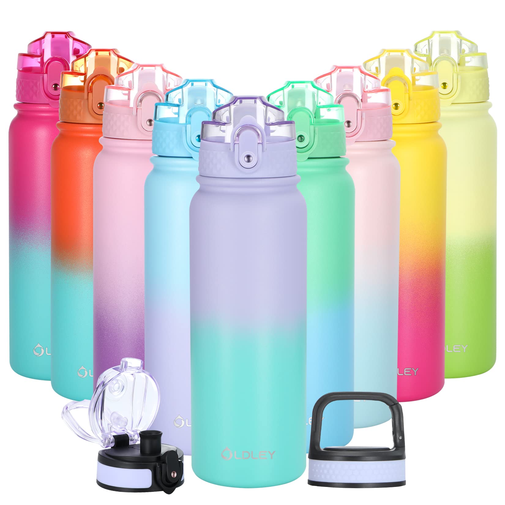 Oldley 20oz Insulated Stainless Steel Water Bottle with Straw - Double-Wall Vacuum Thermal Flask for Kids & Adults - School, Sports, Gym, Hiking, Travel - Purple & Green