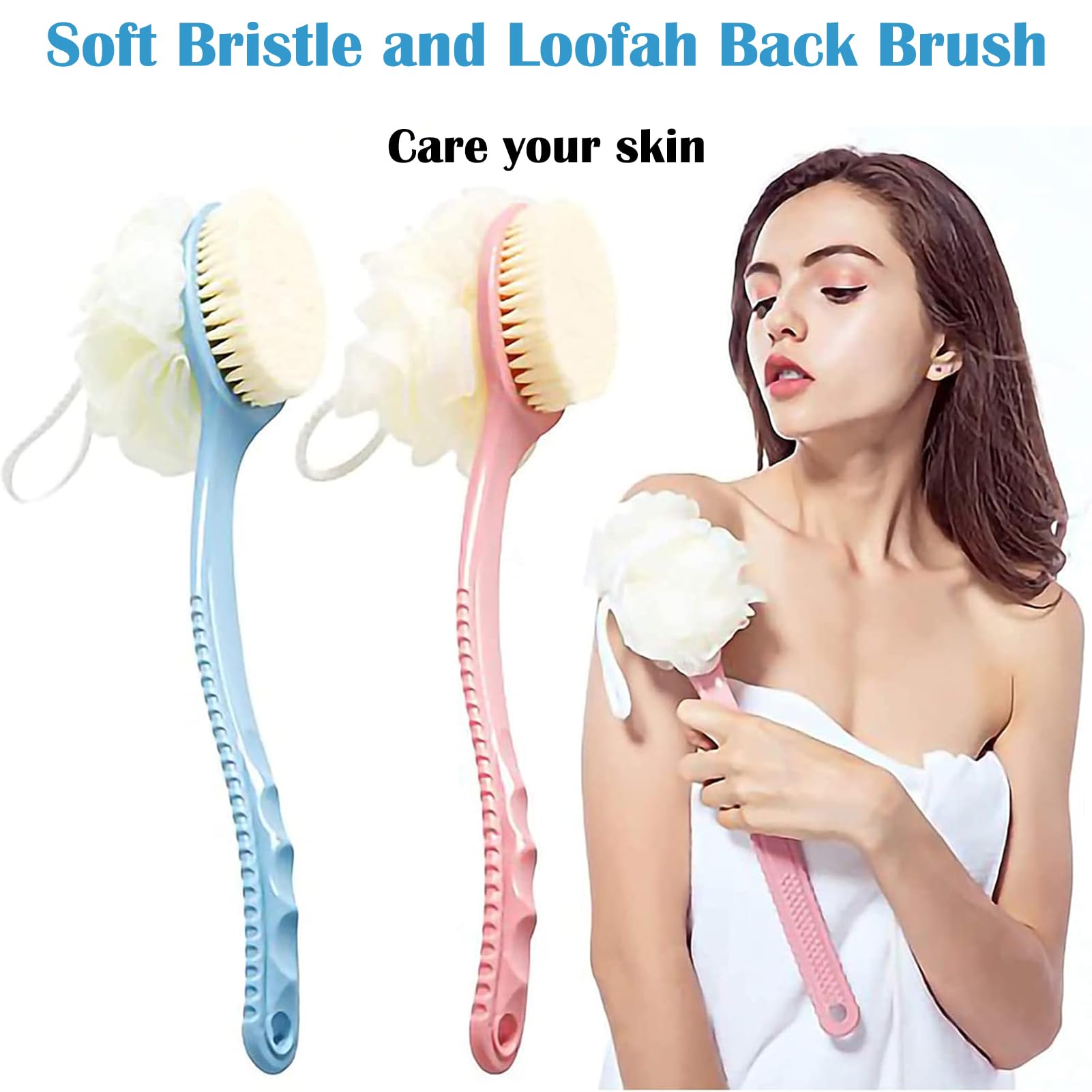 Bamyko 2-Pack Shower Body Brush with Bristles & Loofah - Exfoliating Back Scrubber & Bath Mesh Sponge - Anti-Slip Curved Handle for Wet/Dry Skin Care - Includes 2 Hooks (Perfect for Deep Cleansing & Relaxing Spa Experience)