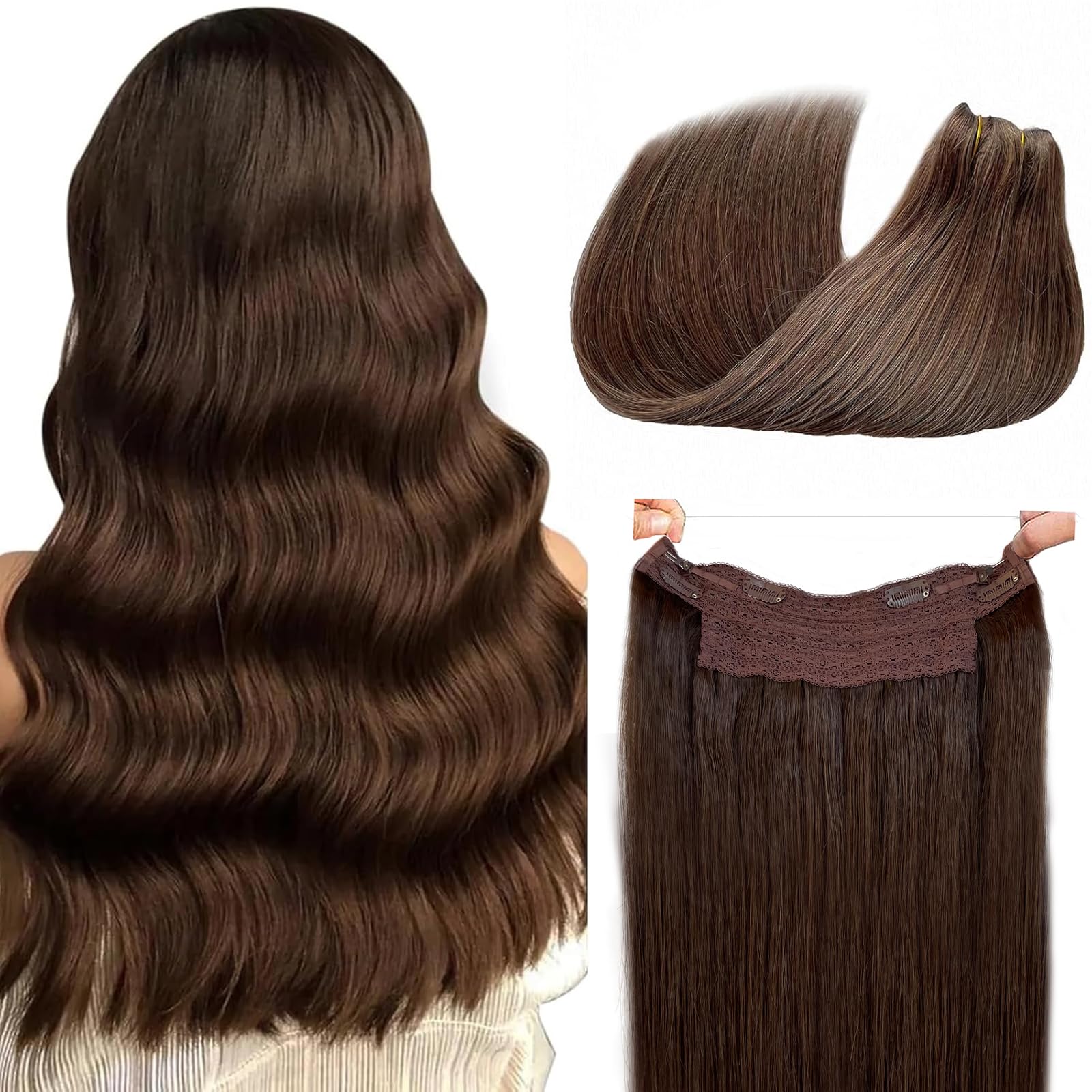 Halos 22 Inch 100g Medium Brown Human Hair Extensions with Invisible Wire - Remy Human Hair with Natural Highlights - Perfect for Daily Wear, Parties & Special Occasions