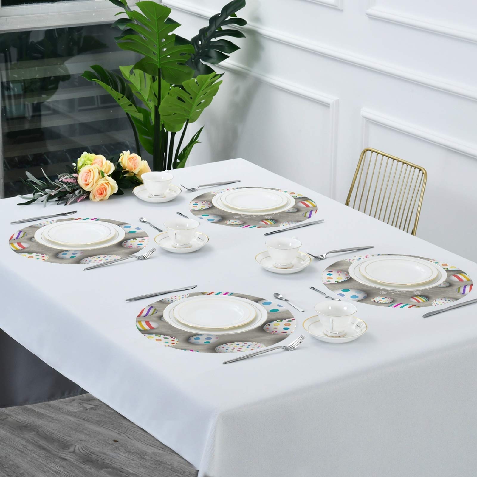 Easter Placemats Set of 6 - Round Wooden Easter Egg Design Washable Table Mats for Kitchen Dining, Holiday Decor & Spring Party Table Setting