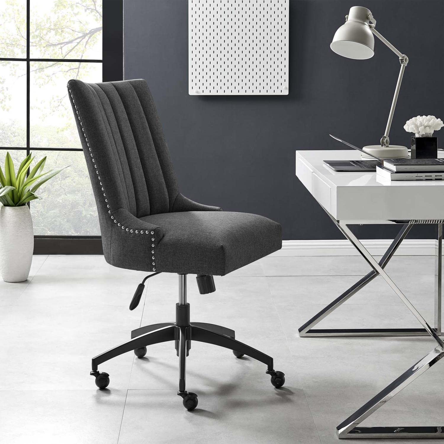 Modway Empower Ergonomic Office Chair with Channel Tufted Fabric - Black & Gray - Comfortable Desk Chair for Home Office, Gaming & Workspace