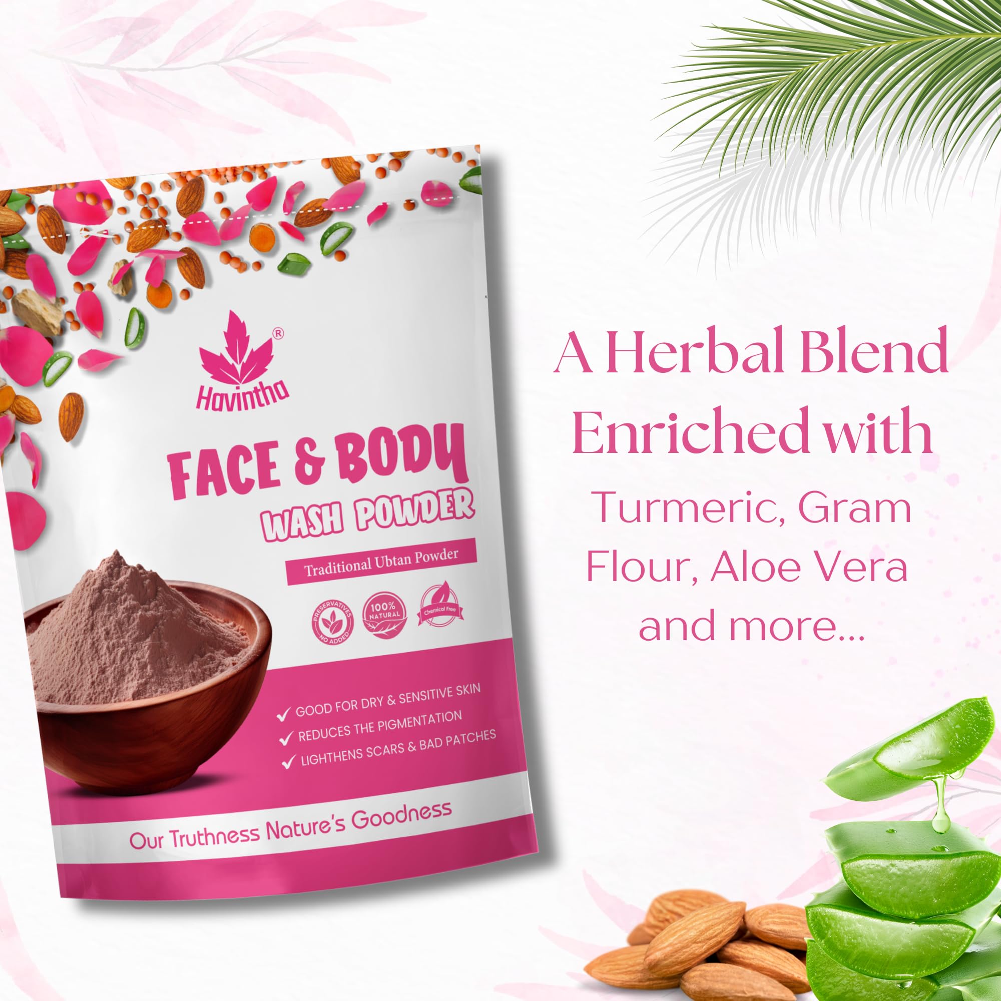 Havintha Natural Face and Body Wash Powder for Dry Skin - 227g | Gentle Cleanser, Tan Removal, Skin Brightening, Acne Treatment | Men & Women | Perfect for Daily Skincare & Post-Sun Care