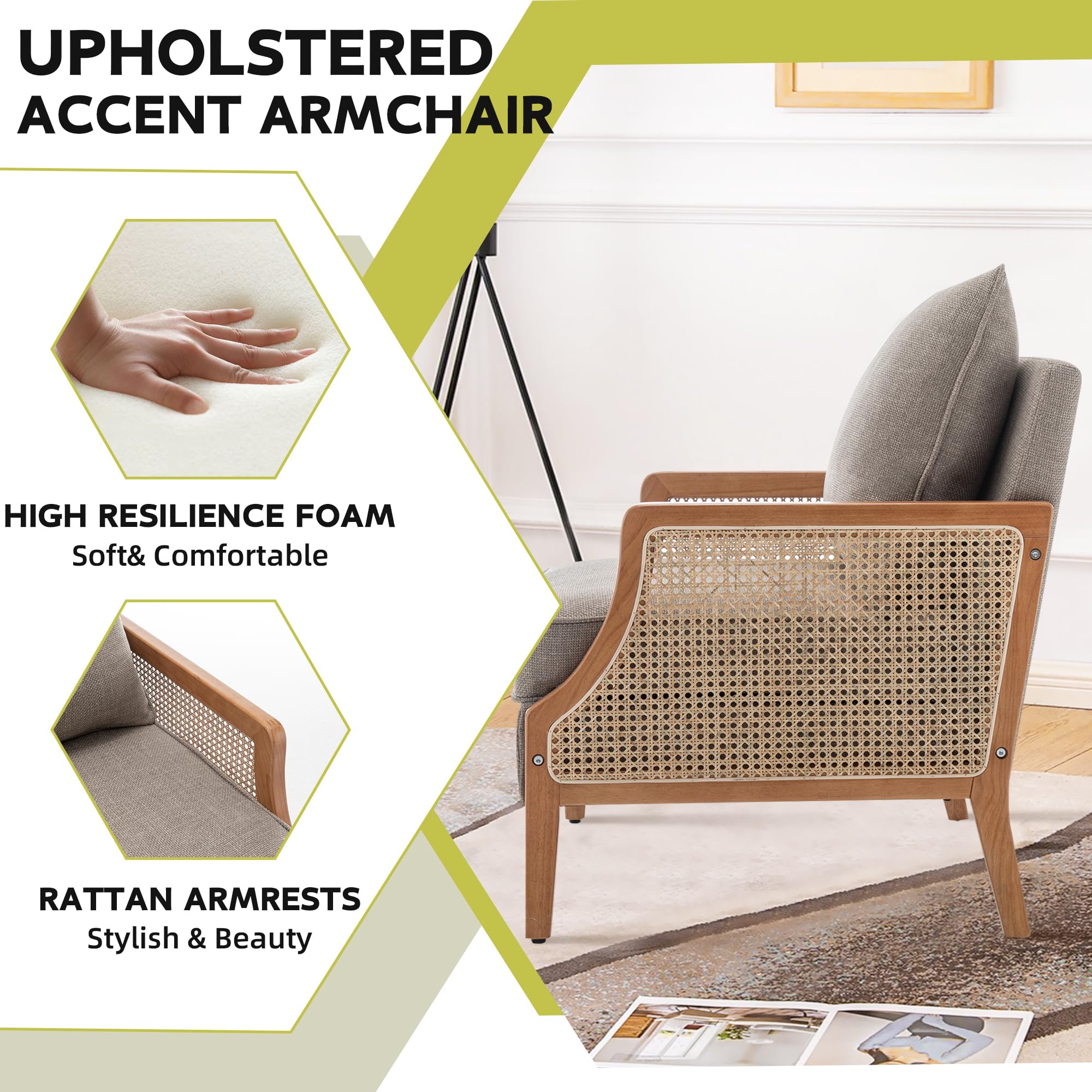 HAOBO Mid Century Modern Accent Chair - Upholstered Living Room Armchair with Rattan Armrest & Wood Frame - Comfortable Lounge Chair with Waist Cushion - Perfect for Reading Nook, Living Room Decor & Cozy Sitting Area