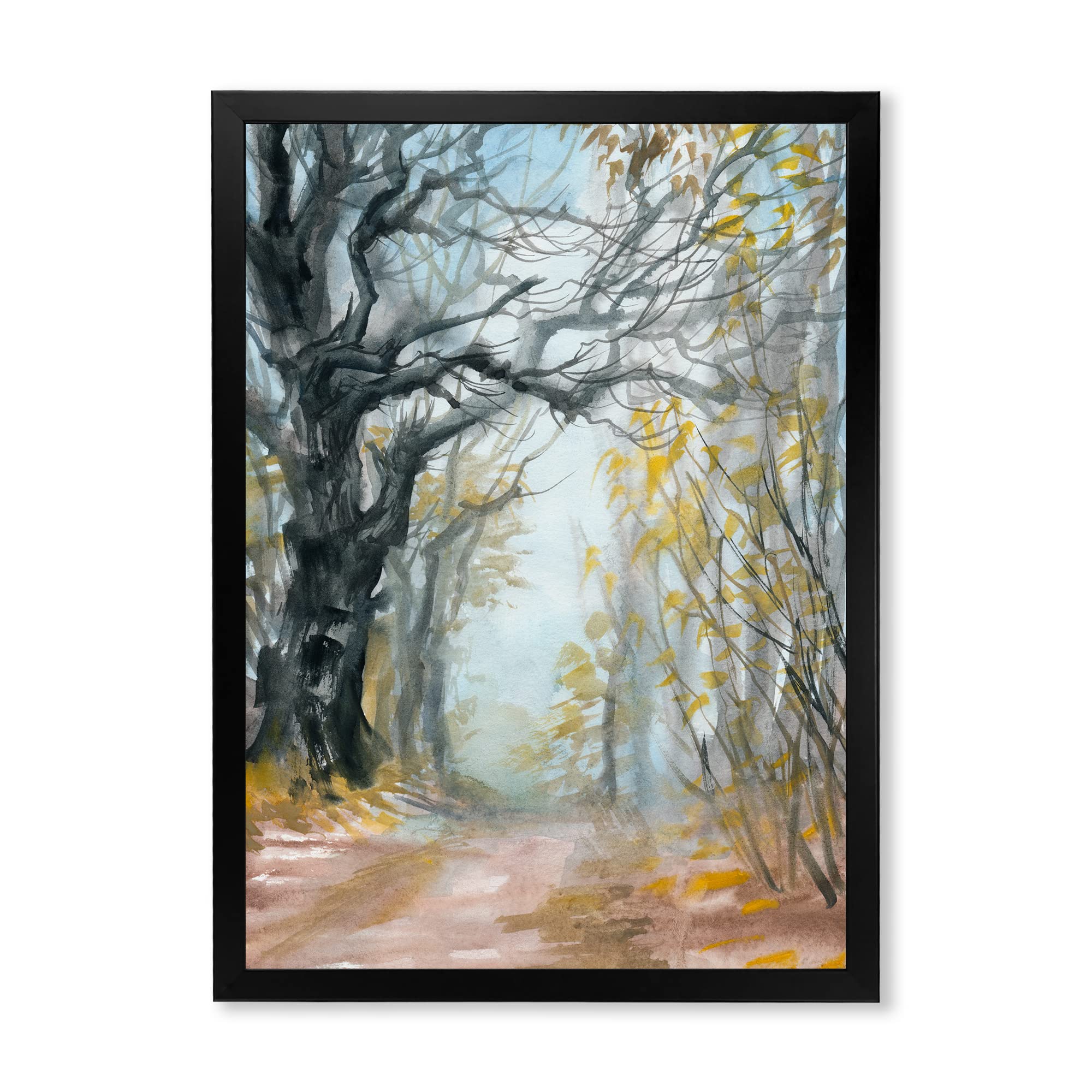 DesignQ Autumn Misty Forest Lake House Framed Wall Art - Nature Landscape Canvas Painting for Living Room, Bedroom & Office Decor