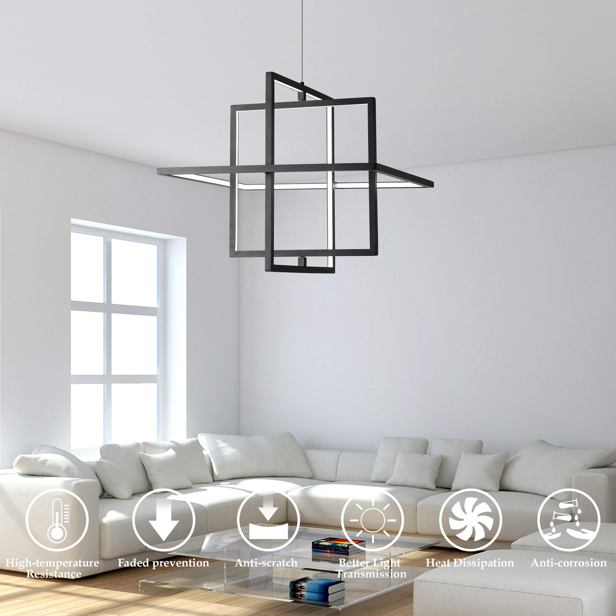 Modern Square LED Chandelier - Dimmable 90W Pendant Light with 6000K Cool White - Contemporary Hanging Light Fixture for Living Room, Dining Room, Bedroom, Kitchen & Study - Perfect for Modern Home Decor & Ambient Lighting (Black)