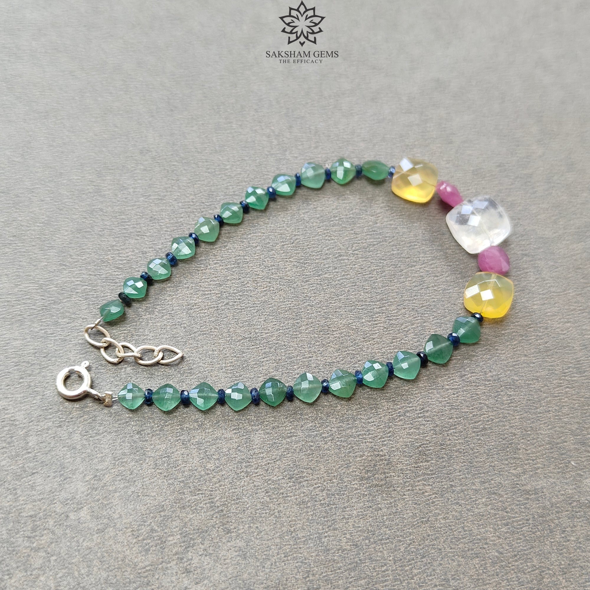 Green Quartz Yellow Opal Moonstone Sapphire Gemstone Beaded Bracelet - 925 Sterling Silver Checker Cut 8.25