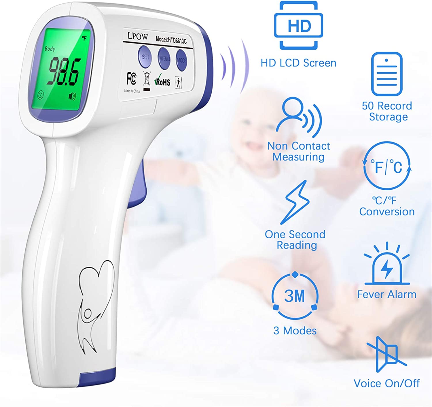 LPOW Digital Infrared Thermometer for Adults & Babies - Fast 1 Second Reading, 3 Color Backlight, 50 Memory Recall - Perfect for Home, Hospital, and Travel Use
