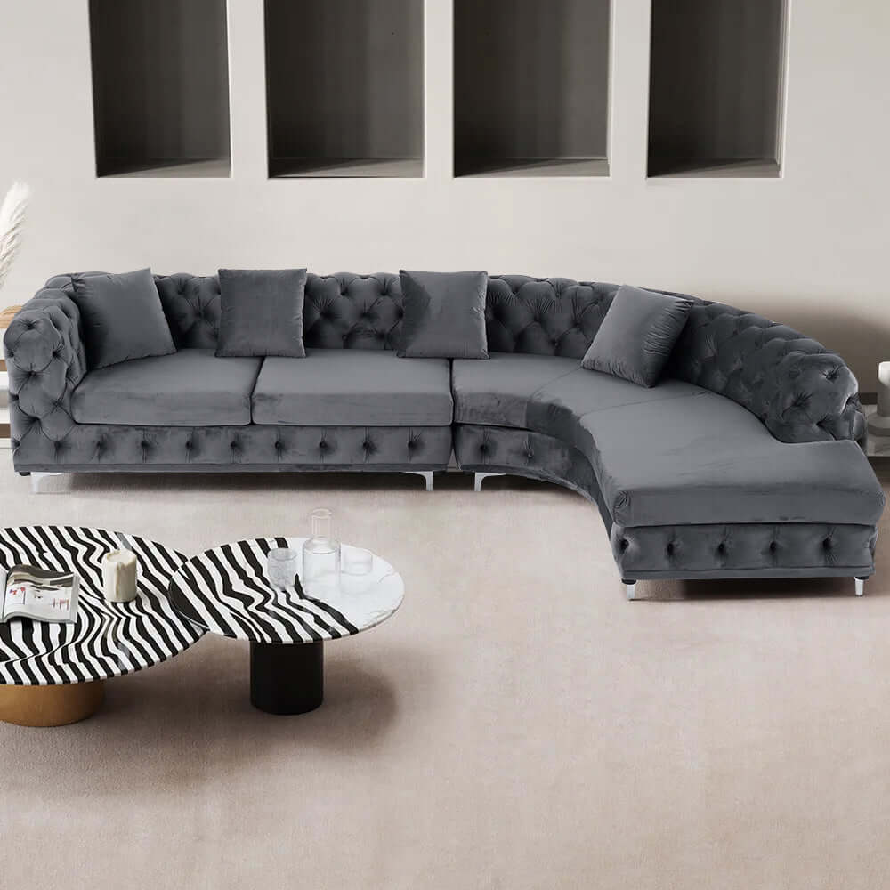 L-Shaped Curved Gray Velvet Sectional Sofa - Modern Chesterfield Style Living Room Couch for Small Spaces & Apartments | Perfect for Lounge, TV Room & Home Theater