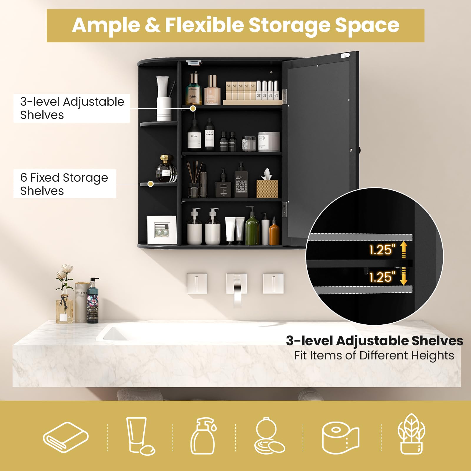 Tangkula Black Wall Mounted Bathroom Medicine Cabinet with Mirror - Adjustable Shelves, 6 Open Storage & Door - Space Saving Bathroom Organizer for Toiletries, Cosmetics & Essentials | Perfect for Small Bathrooms, Vanities & Home Decor