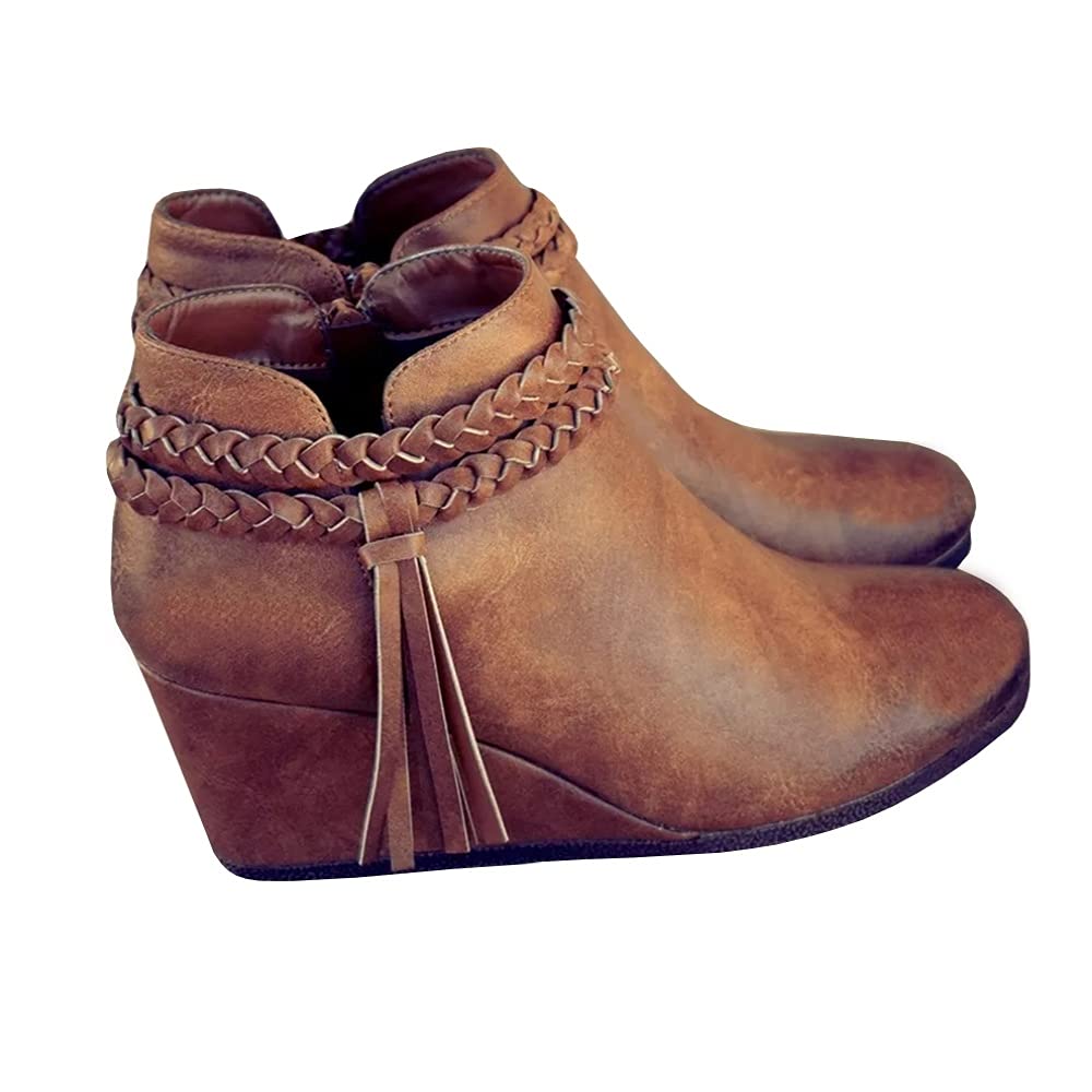 Women's Western Style Wedge Ankle Boots with Braided Fringe Strap - Comfortable Heeled Fall Booties for Casual Outfits & Dressy Occasions | Perfect for Autumn Fashion, Country Concerts, and Date Nights