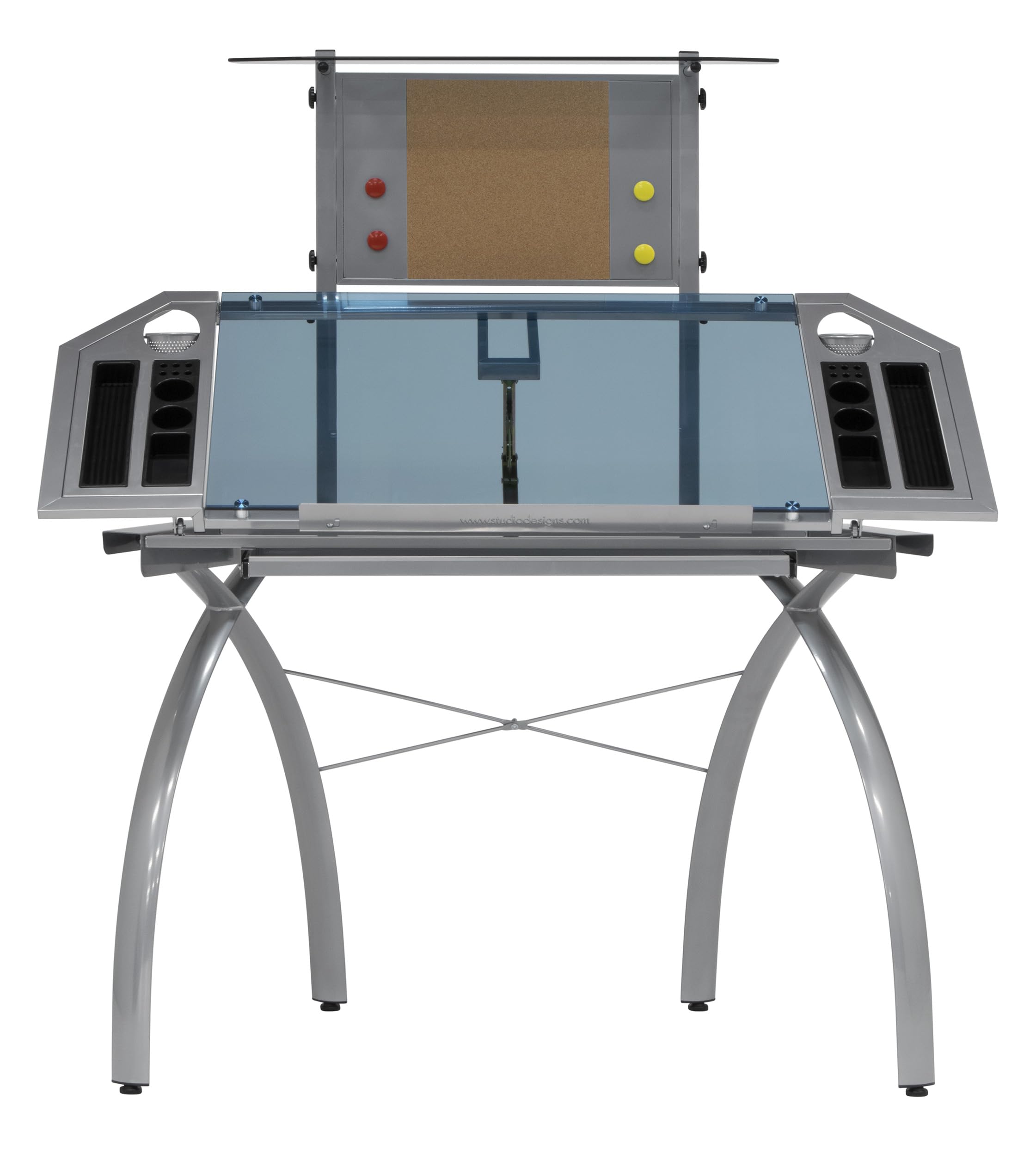 Studio Designs Futura Tower - Silver/Blue Glass Modern Laptop Desk with Adjustable Shelf | Perfect for Home Office, Gaming Setup & Small Spaces